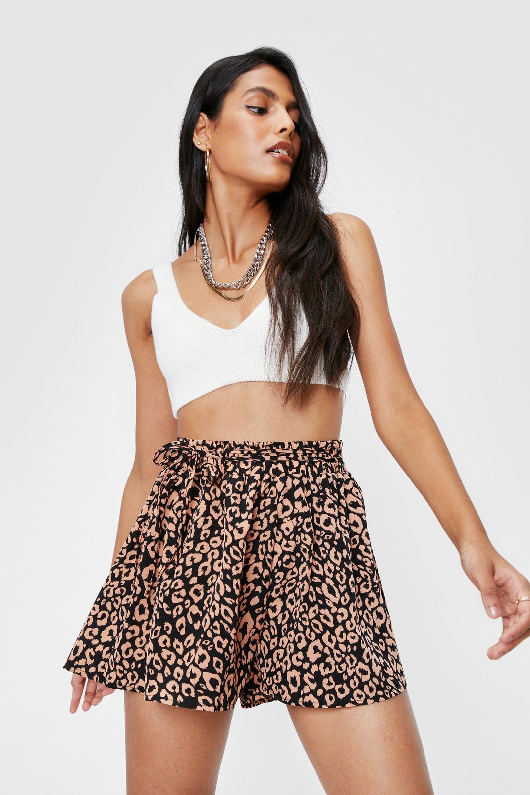 Brown Paperbag Belted Relaxed Leopard Print Shorts image number 1