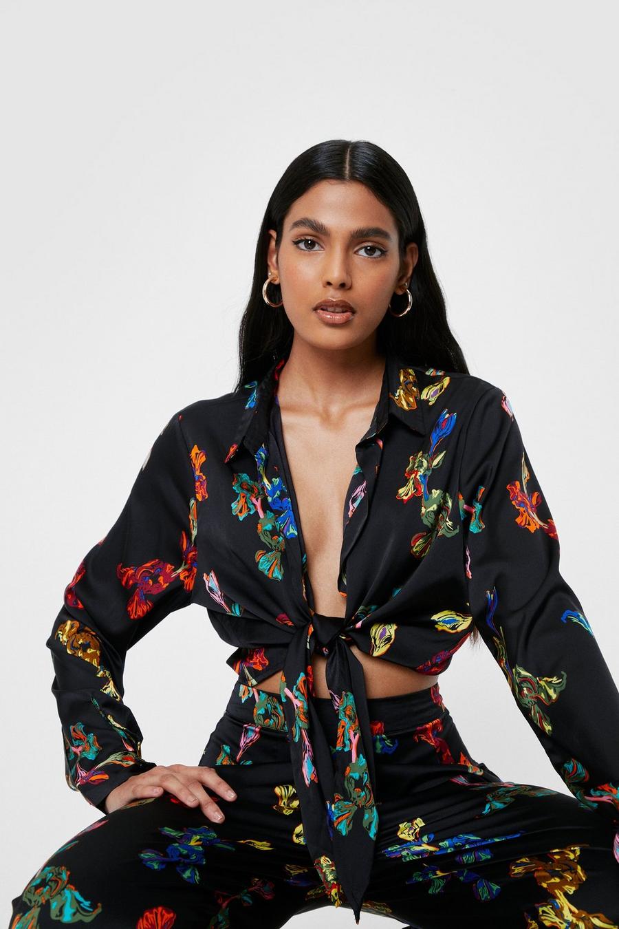 Cropped Floral Tie Front Shirt