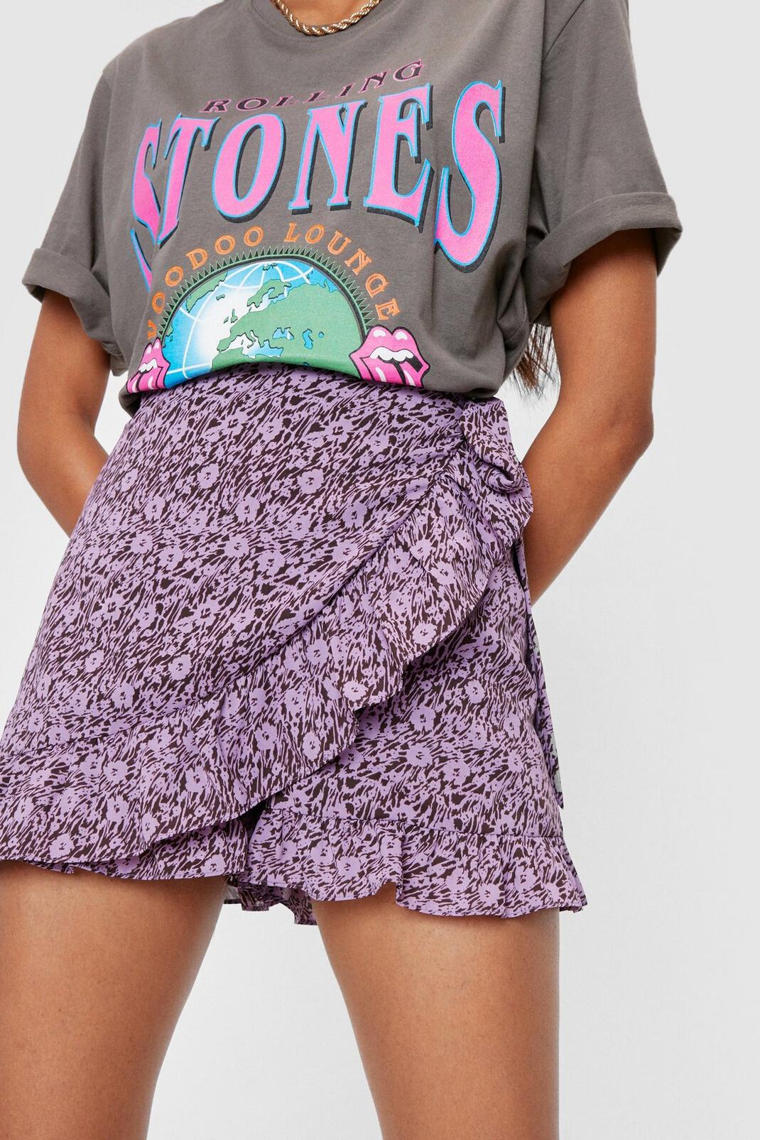 Purple Floral Print Ruffle Wrap Skort Shorts image number 1
