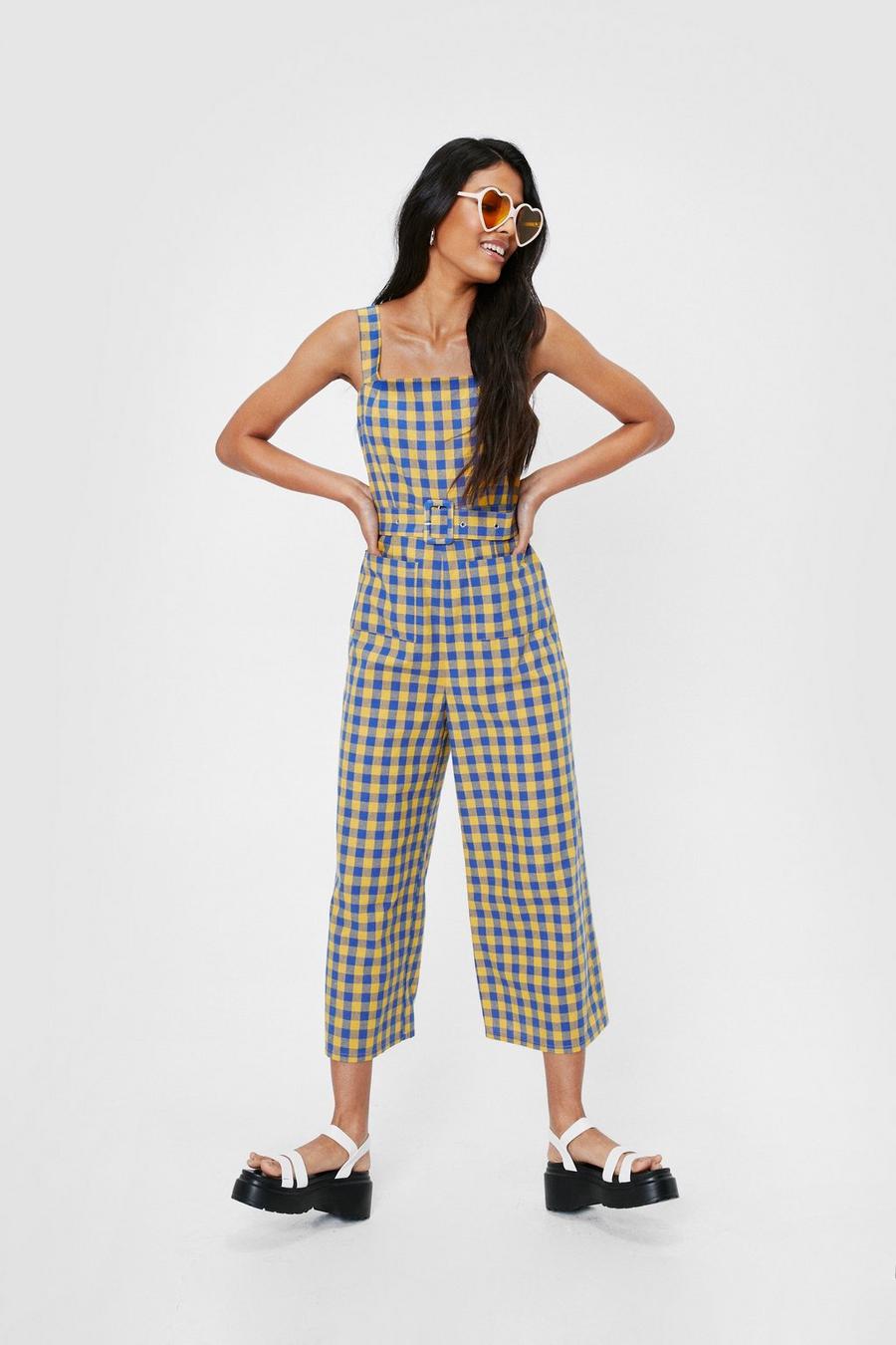 Square Neck Check Print Belted Culotte Jumpsuit