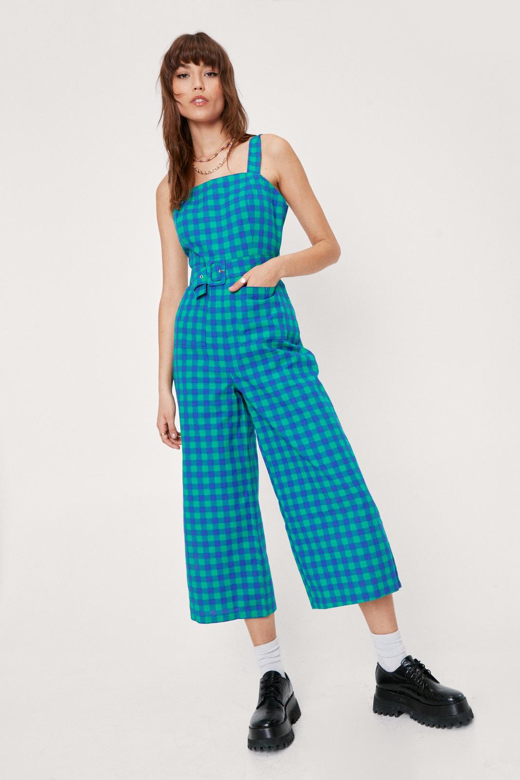 Green Check Square Neck Belted Culotte Jumpsuit image number 1