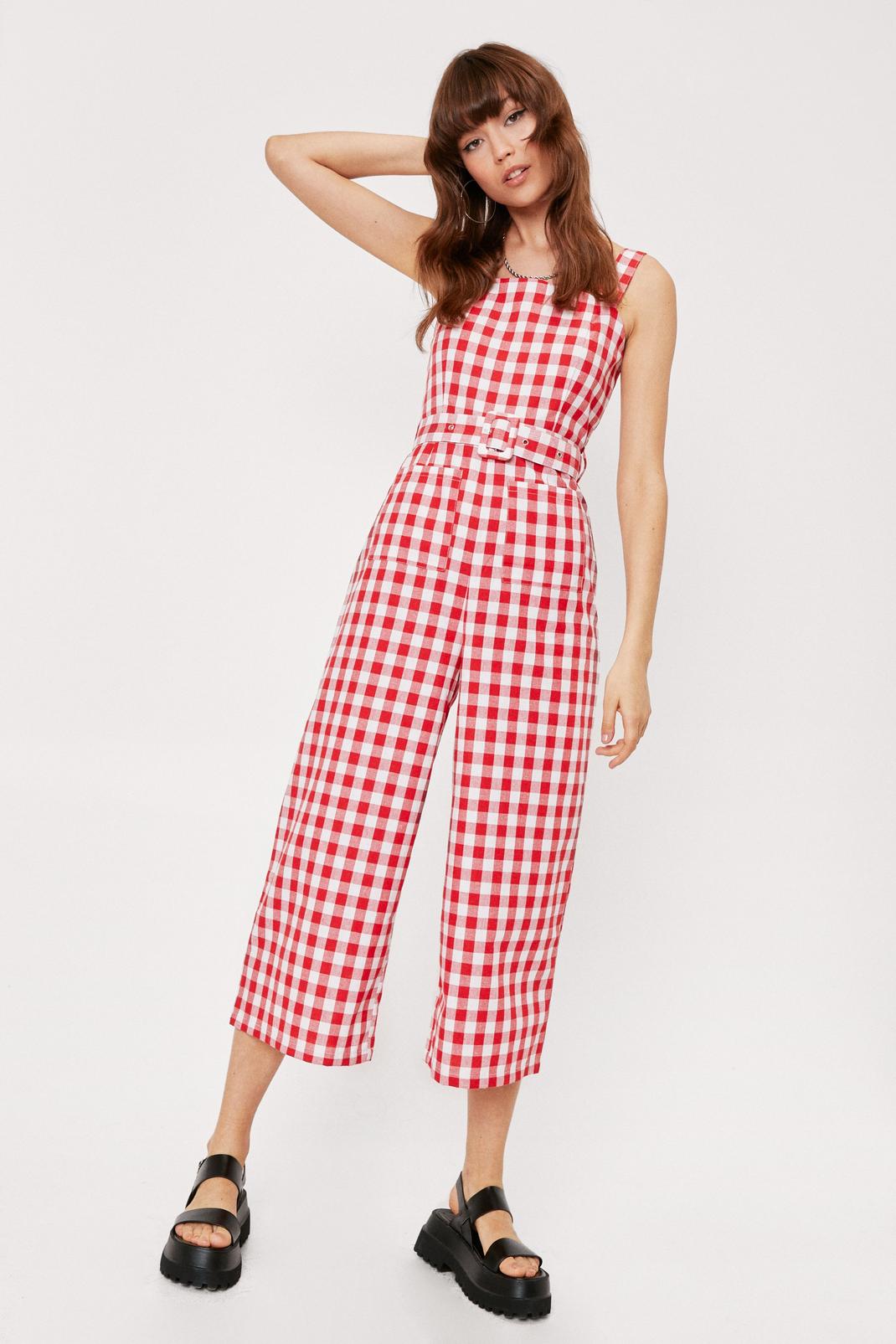 Red Check Square Neck Belted Culotte Jumpsuit image number 1