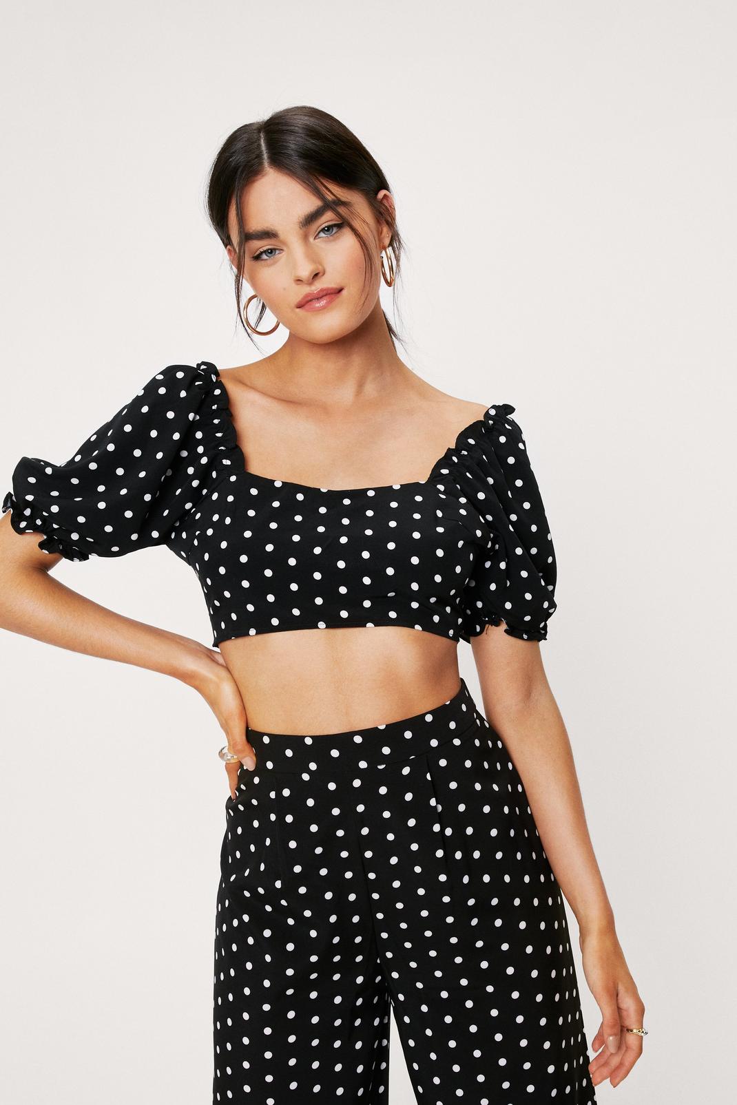 105 Polka Dot Square Neck Puff Sleeve Crop Top image number 1
