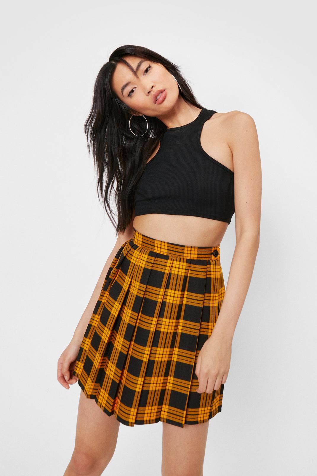 Orange High Waisted Check Print Pleated Skirt image number 1