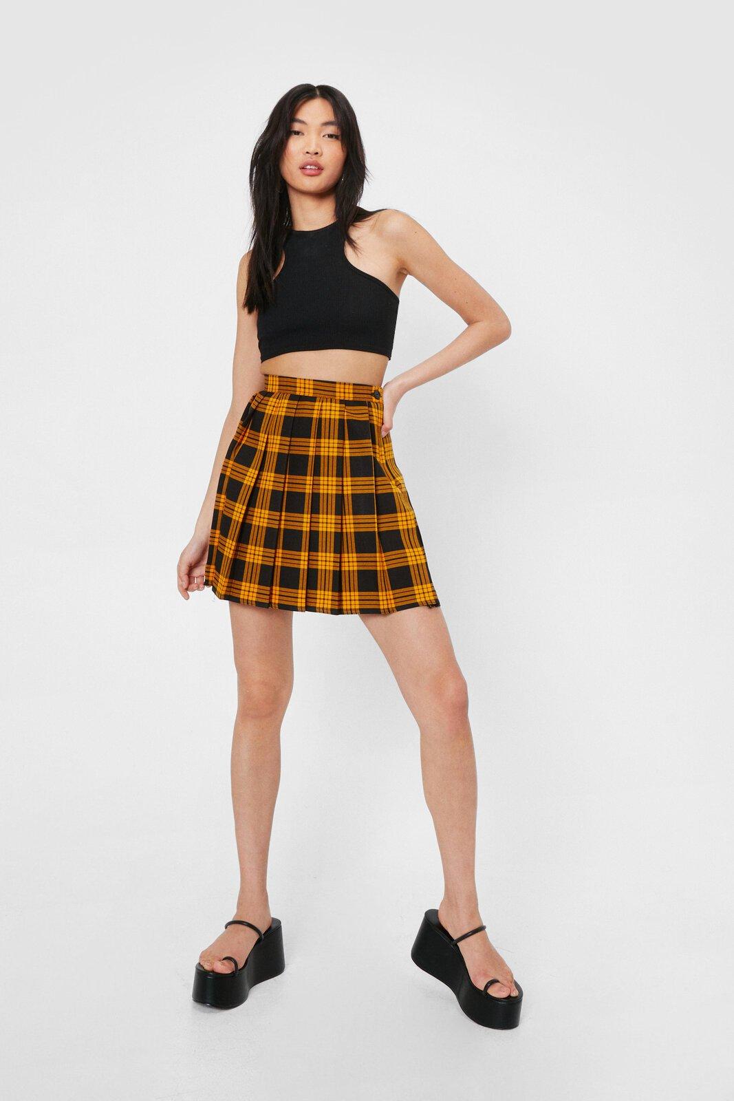 High waisted 2025 check pleated skirt