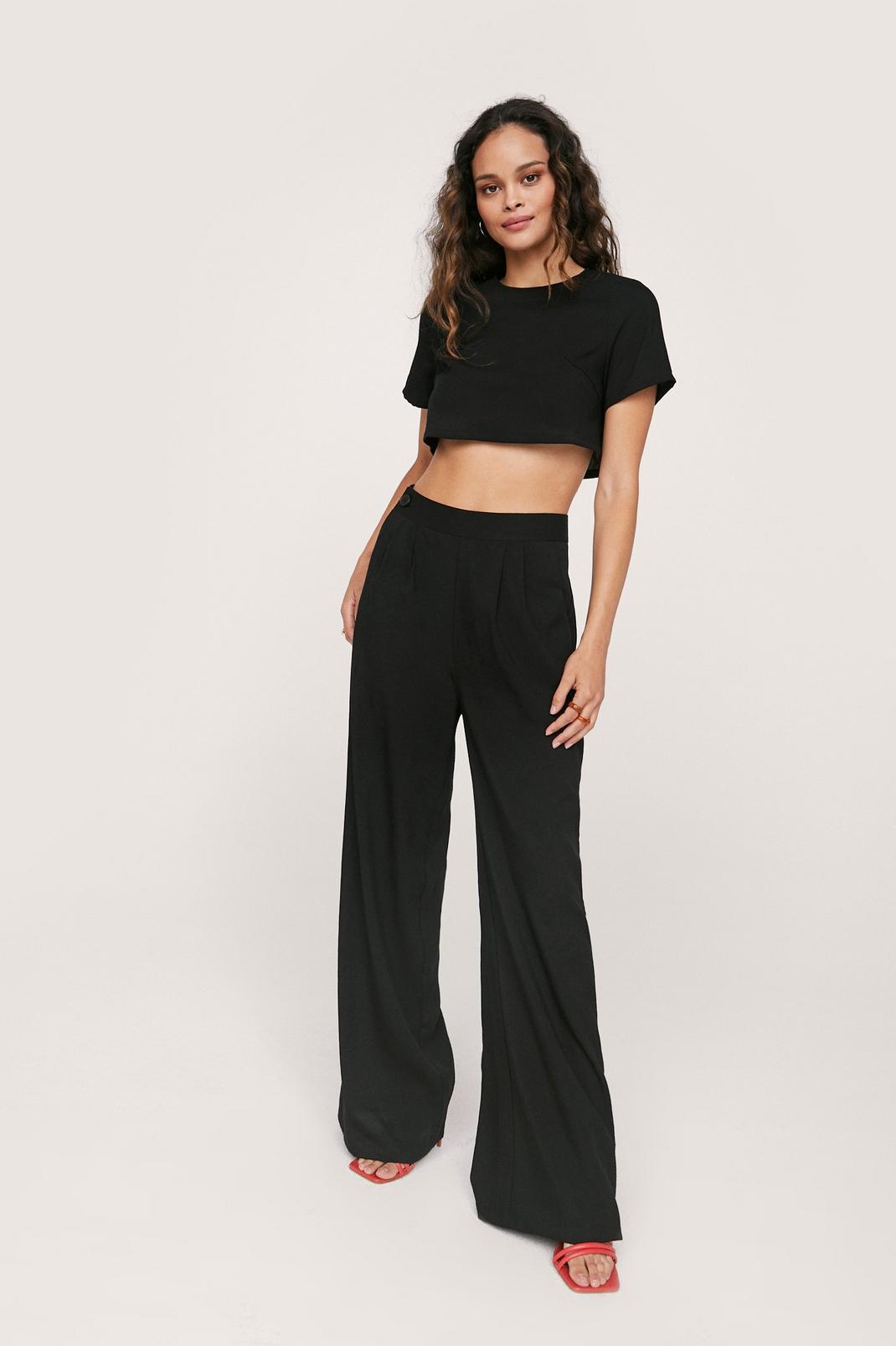 Black Linen Look Pleated Front Wide Leg Pants image number 1