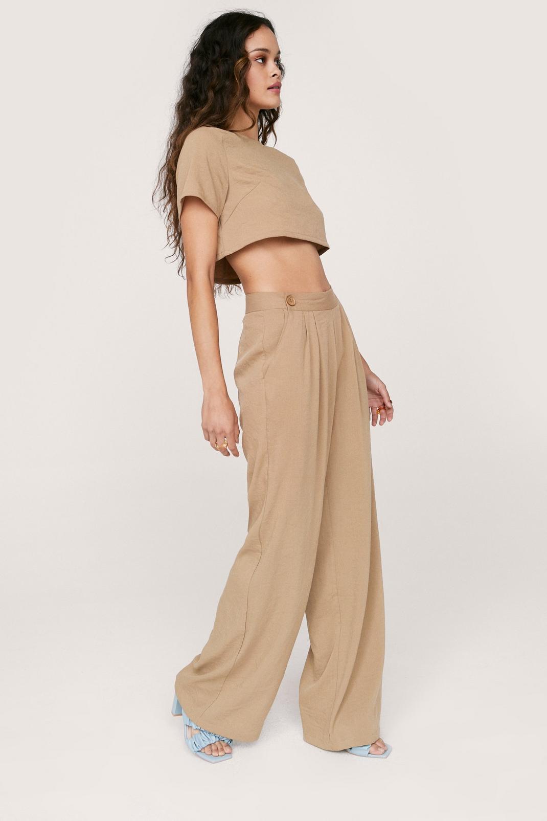 Stone Linen Look Pleated Front Wide Leg Pants image number 1