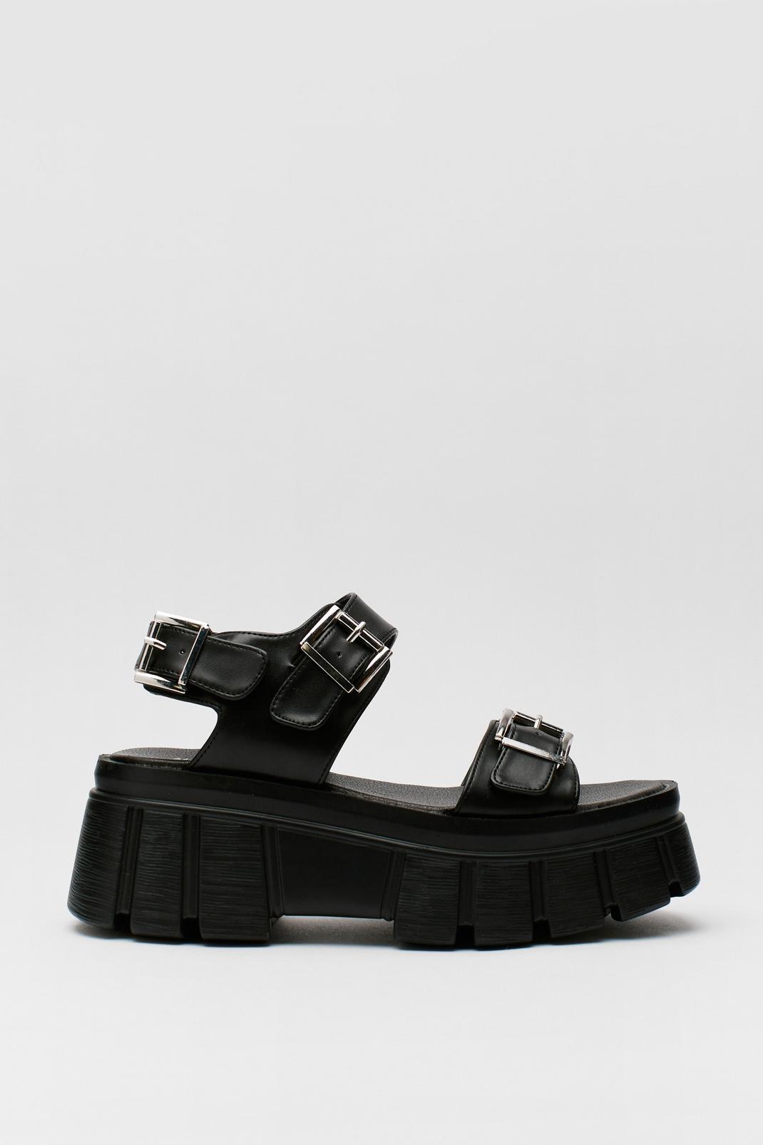 Black Faux Leather Double Buckle Cleated Sandals image number 1
