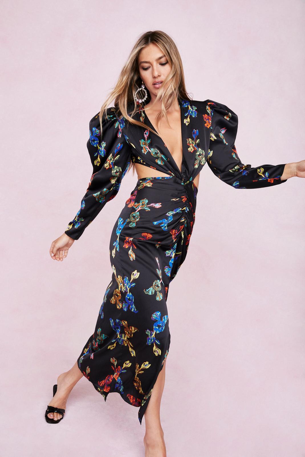 Black Plunging Floral Print Cut Out Maxi Dress image number 1