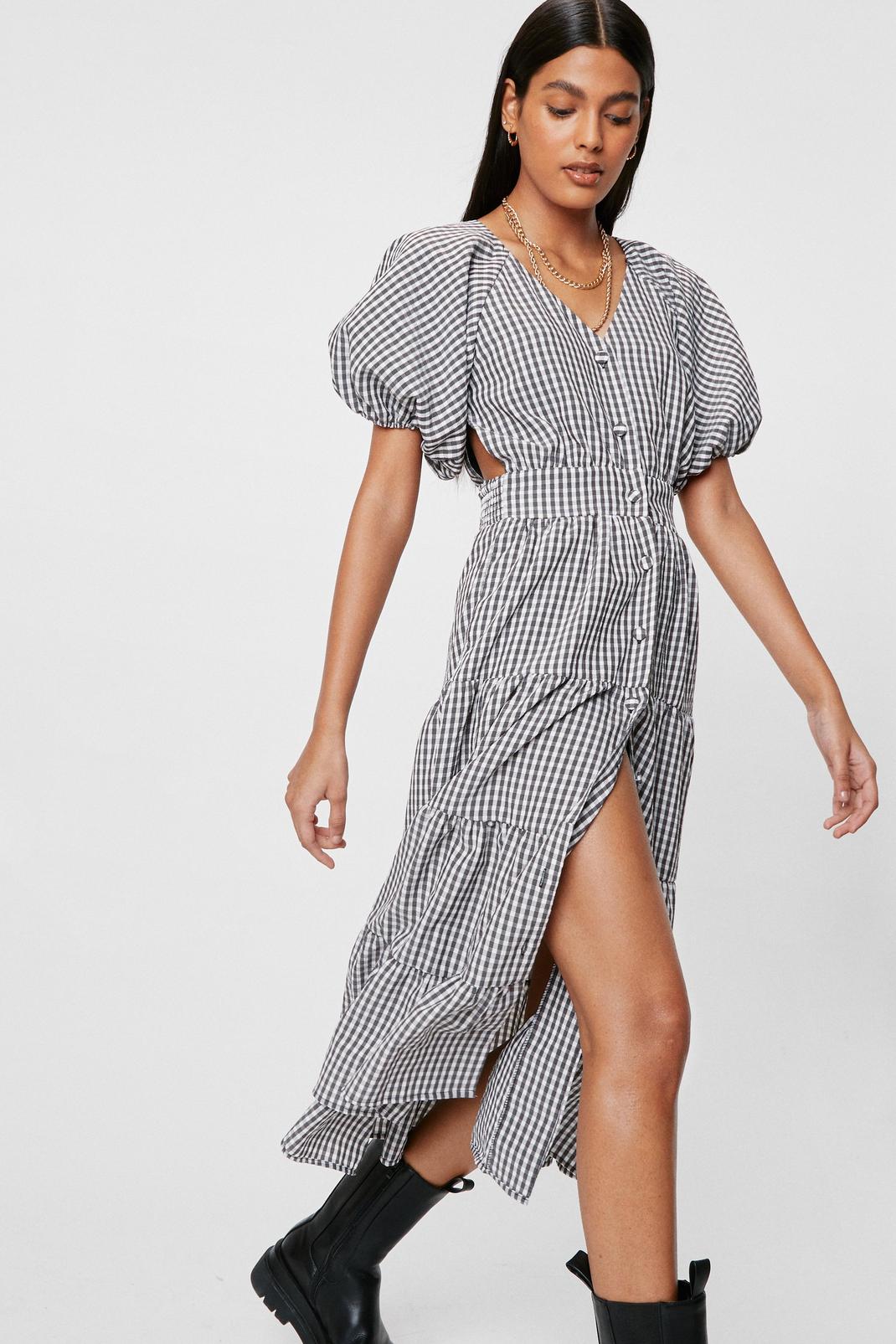 Gingham Puff Sleeve Tiered Midi Dress image number 1