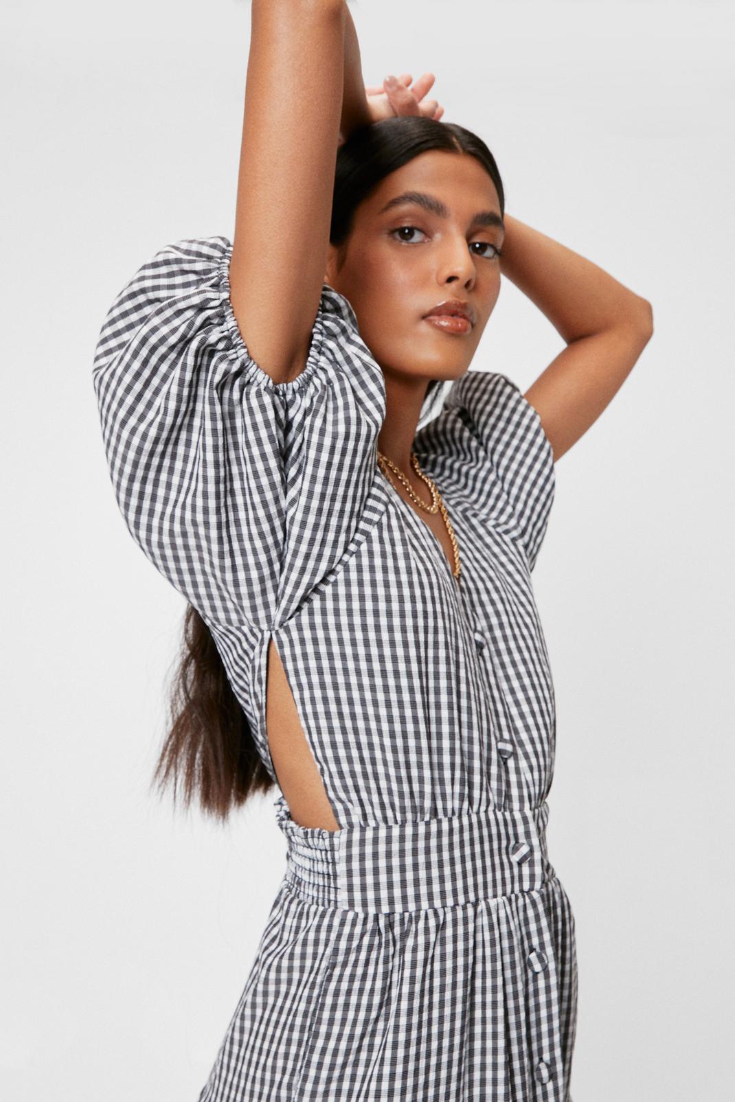 105 Gingham Puff Sleeve Tiered Midi Dress image number 2