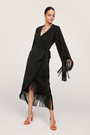Black Wrap Fringe Detail Midi Dress