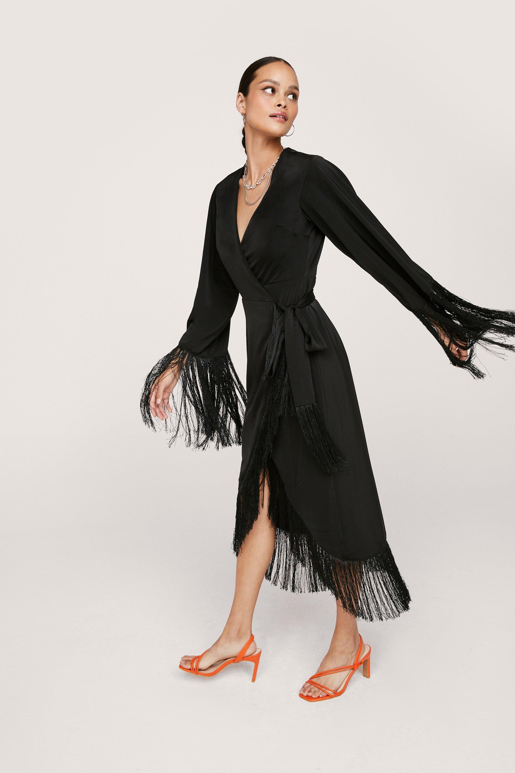 Wrap Fringe Detail Midi Dress Nasty Gal