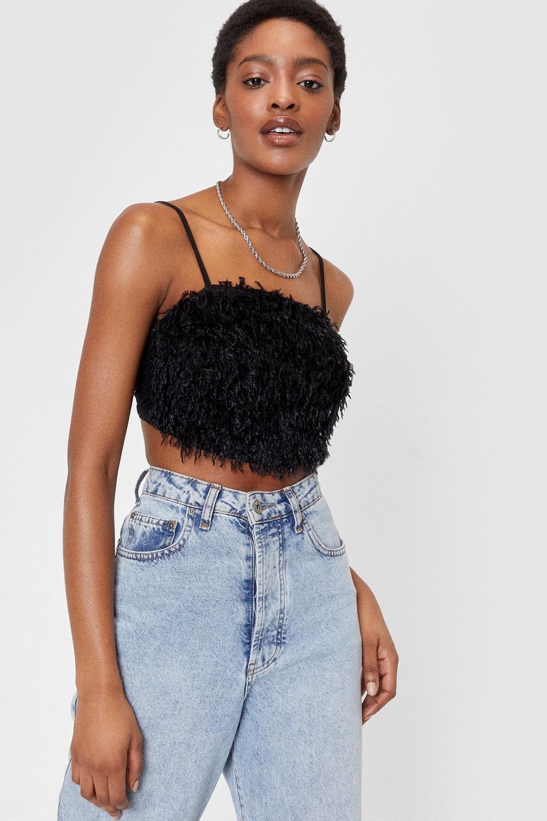 Black Feather Spaghetti Strap Crop Top image number 1