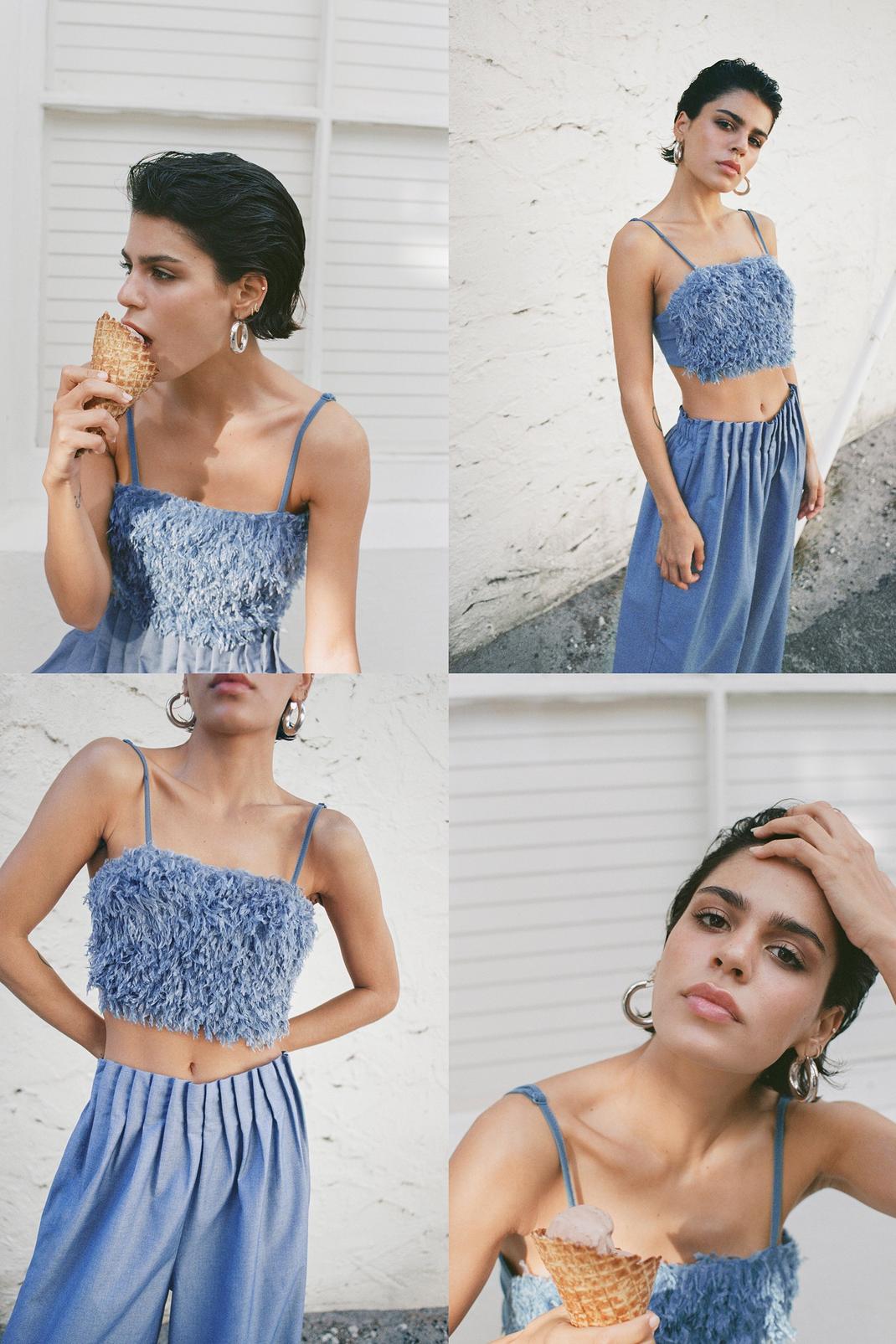Blue Feather Spaghetti Strap Crop Top image number 1