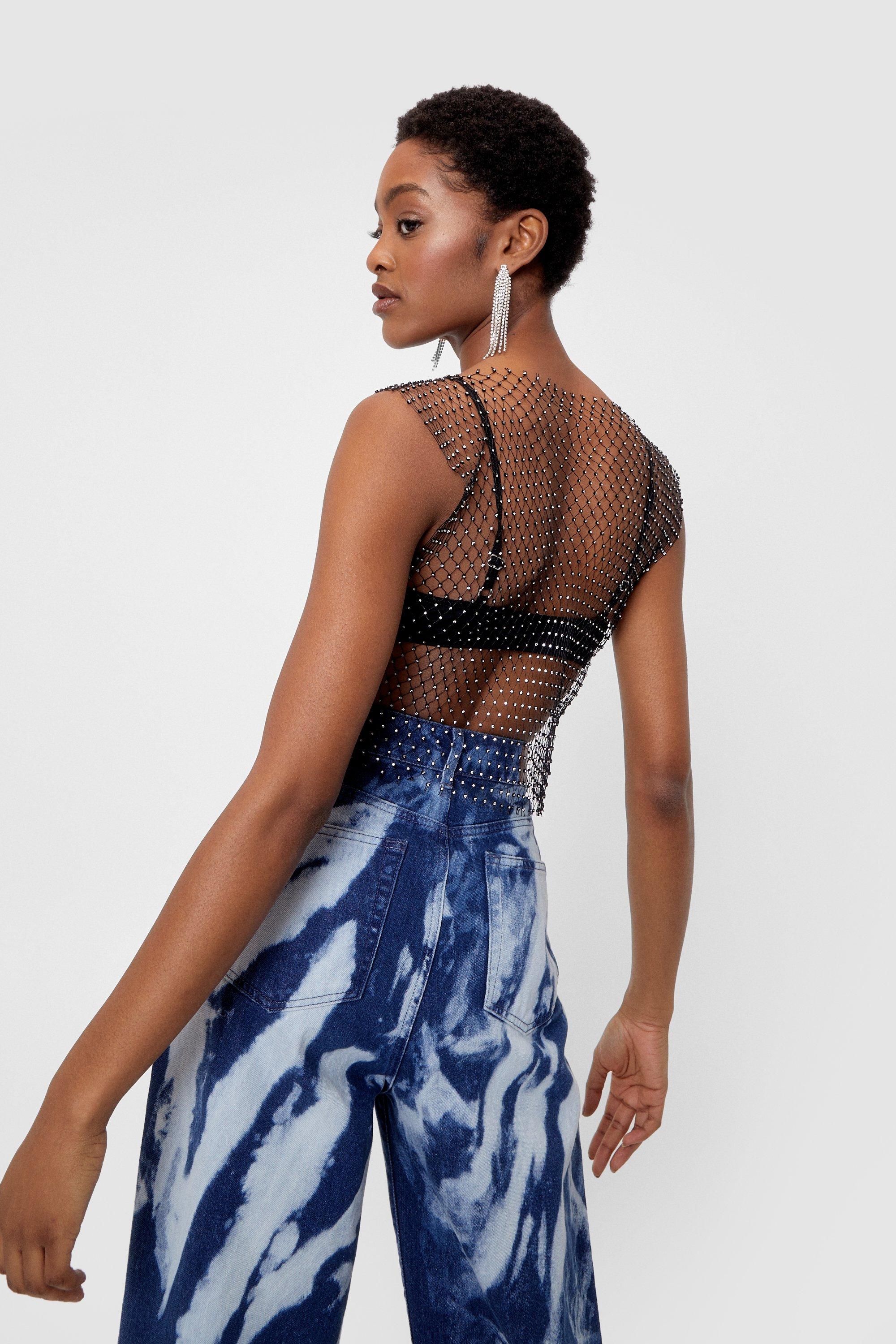 Sheer Fishnet Crystal Embellished High Neck Long Sleeve Crop Top - Bla –  Trendy & Unique