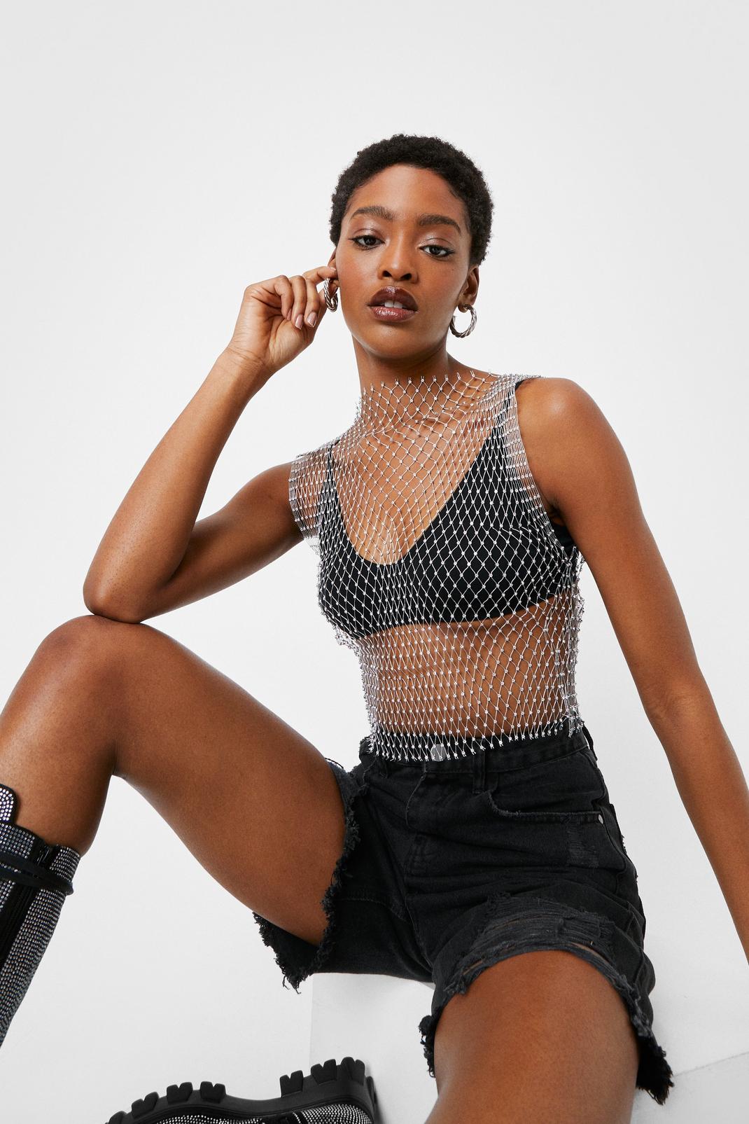 Silver High Neck Diamante Fishnet Crop Top image number 1