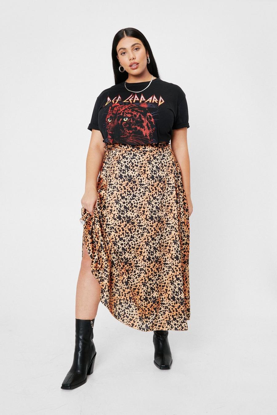 Plus Size Animal Print Satin Midi Skirt