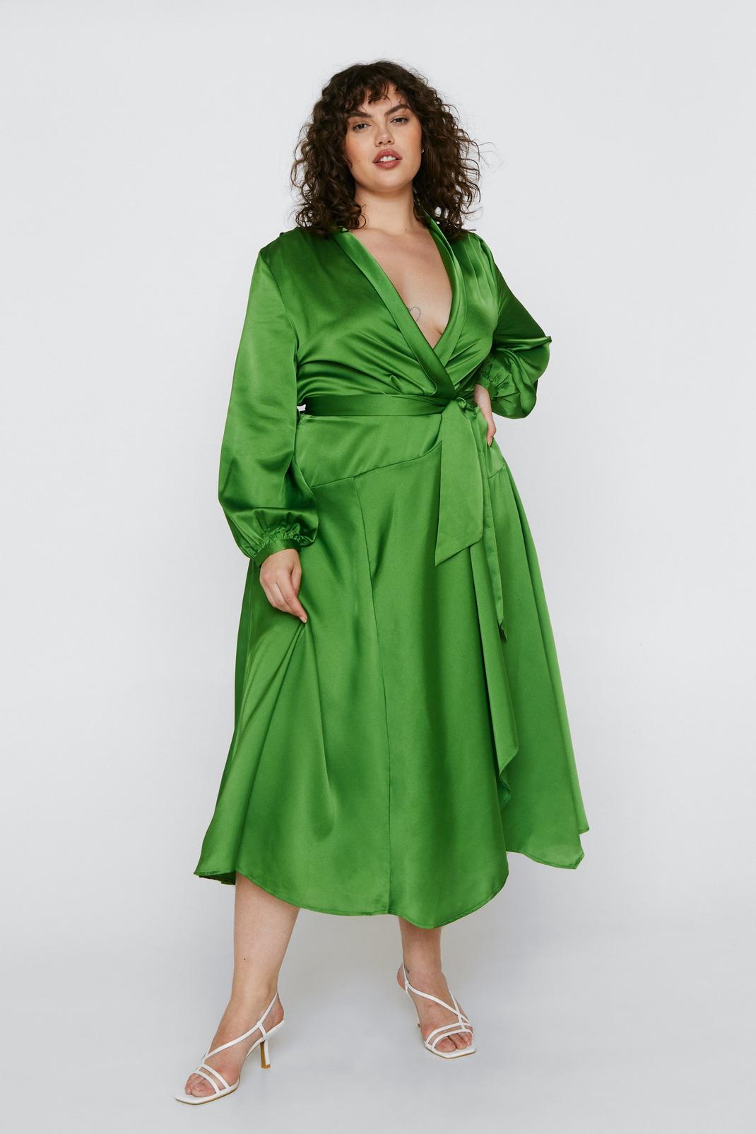 Apple green Plus Size Satin Long Sleeve Midi Dress image number 1