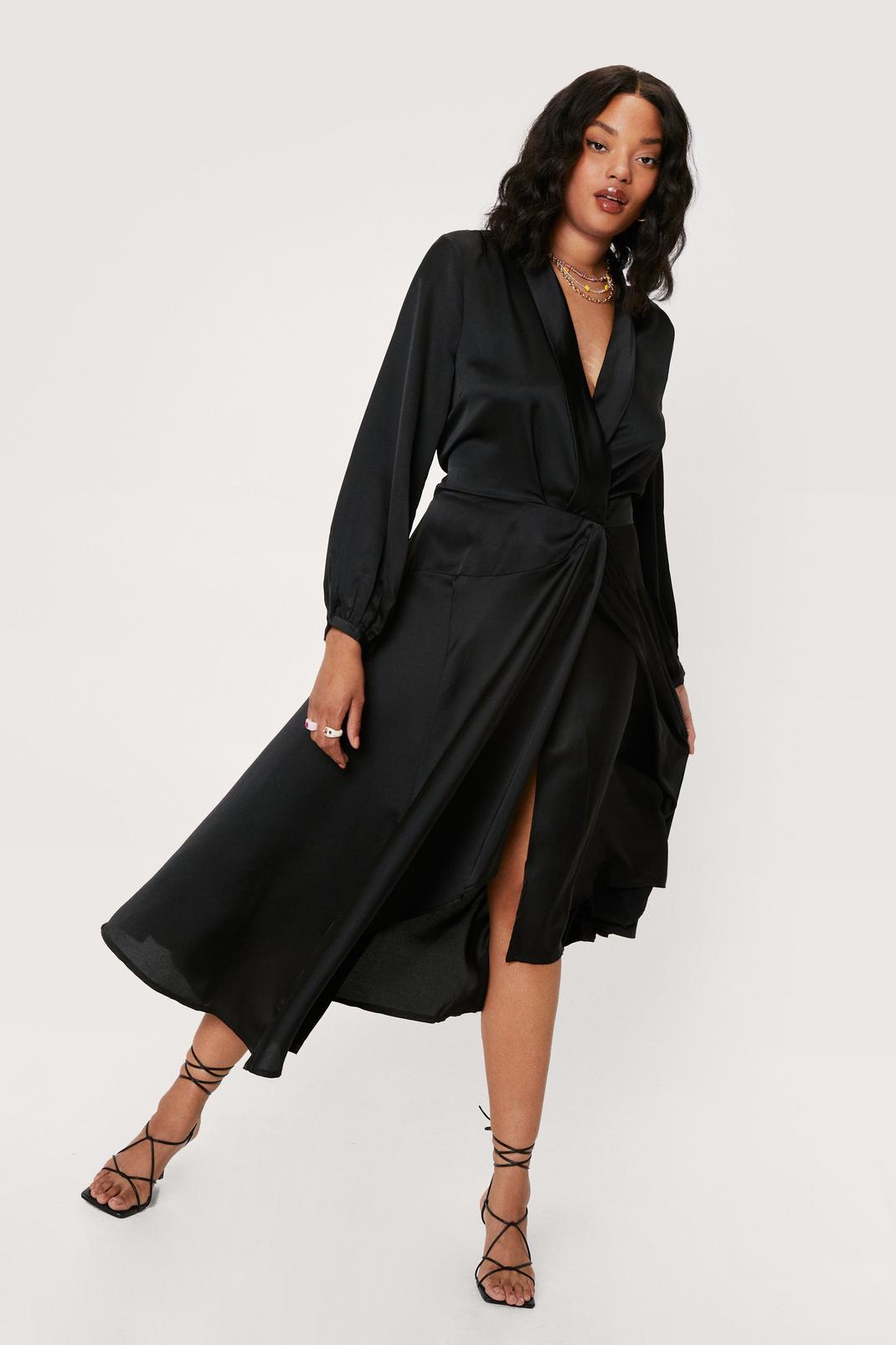 Black Plus Size Satin Long Sleeve Midi Dress image number 1