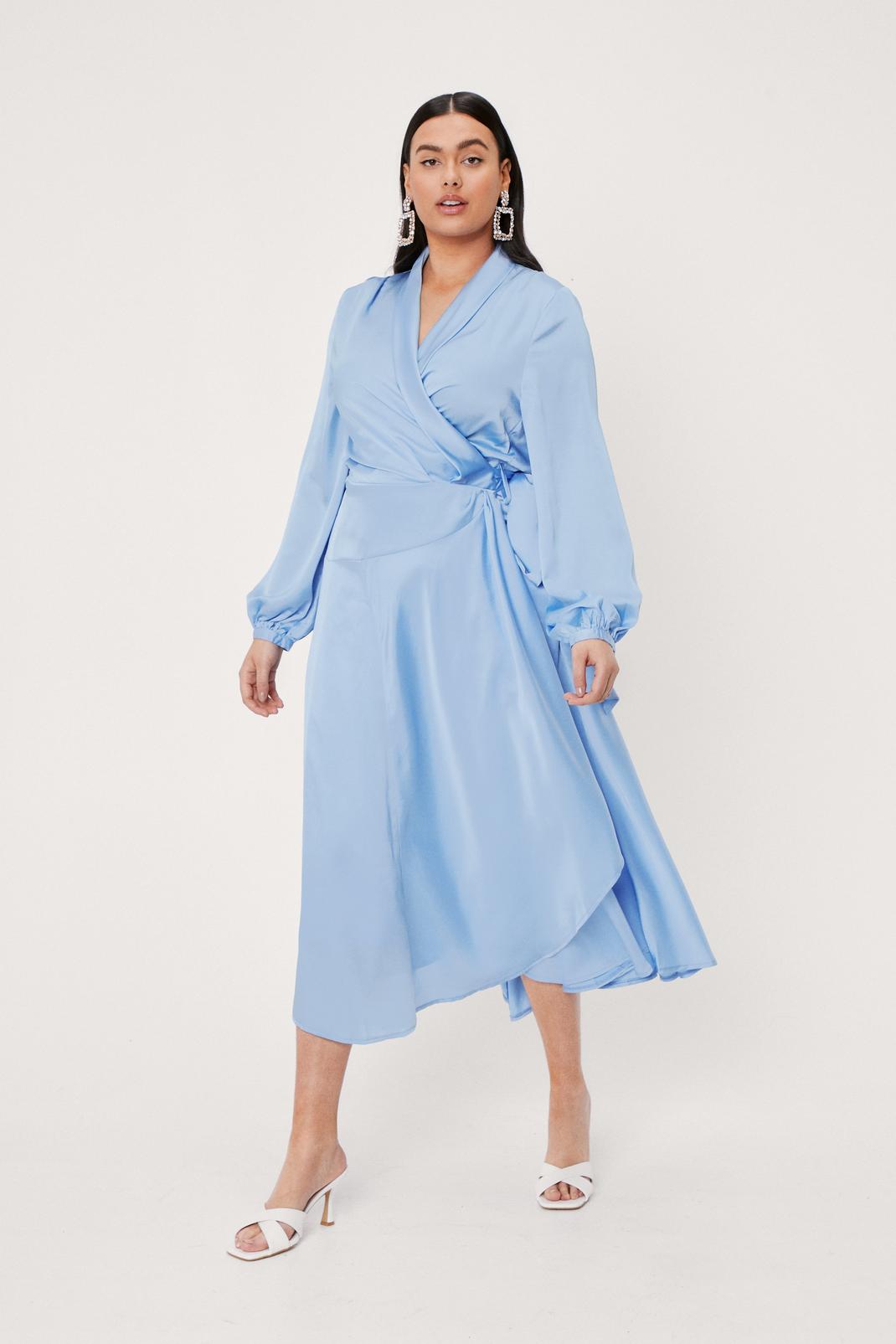 Blue Plus Size Satin Long Sleeve Midi Dress image number 1