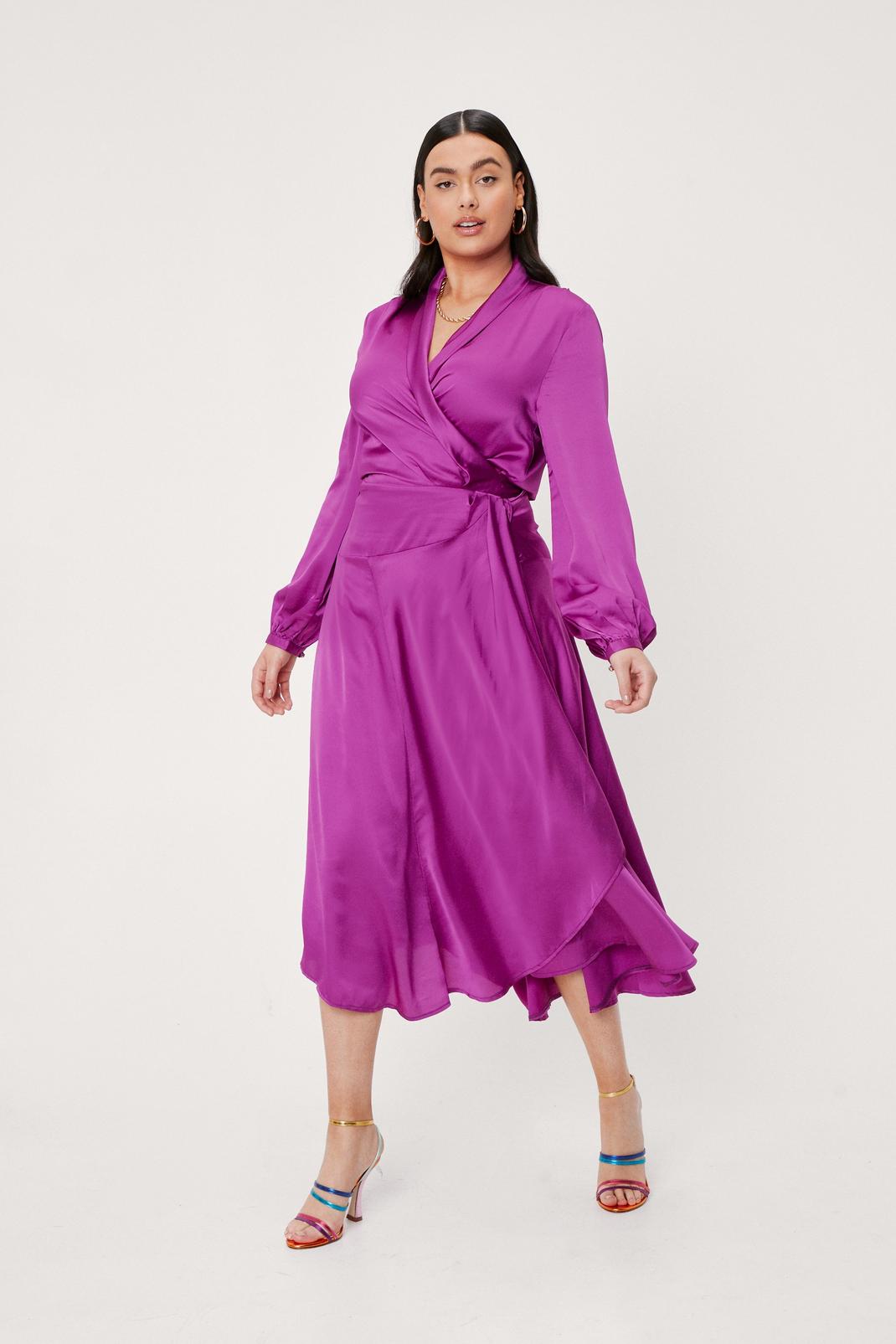 Purple Plus Size Satin Long Sleeve Midi Dress image number 1