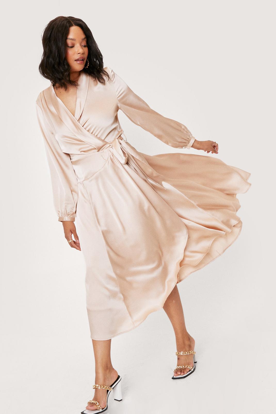 Rose Plus Size Satin Long Sleeve Midi Dress image number 1