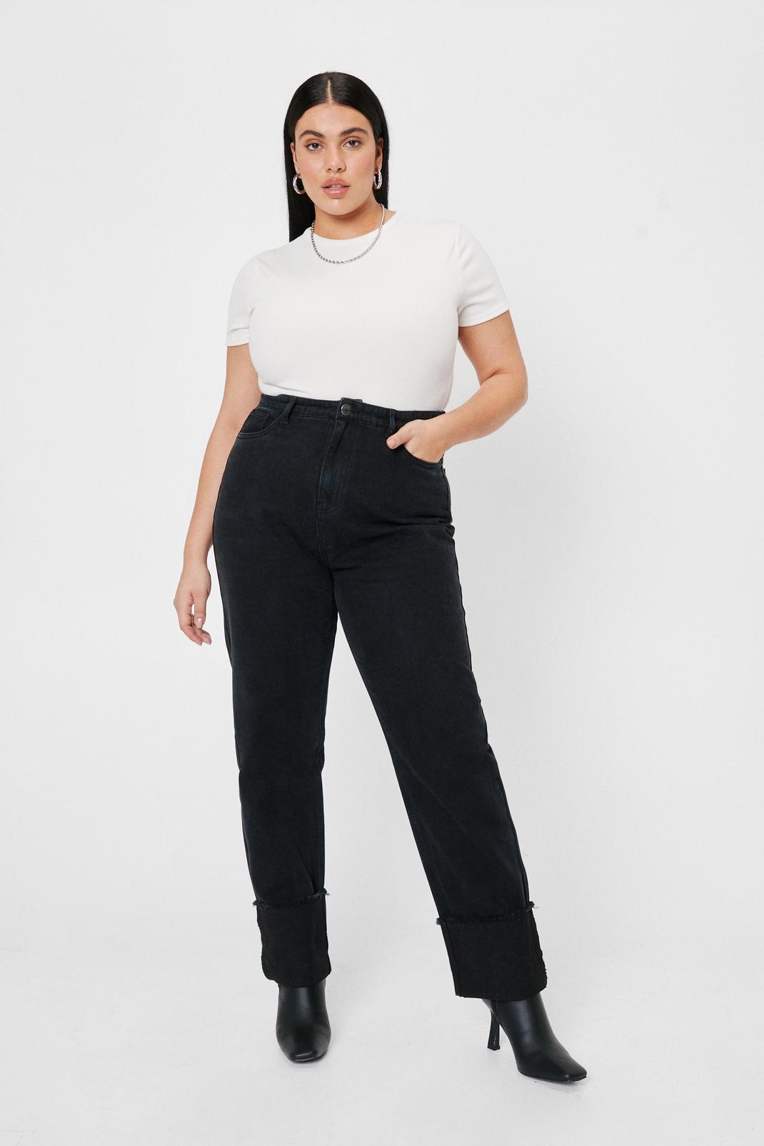 Black Plus Size Contrast Cuff Straight Leg Jeans image number 1