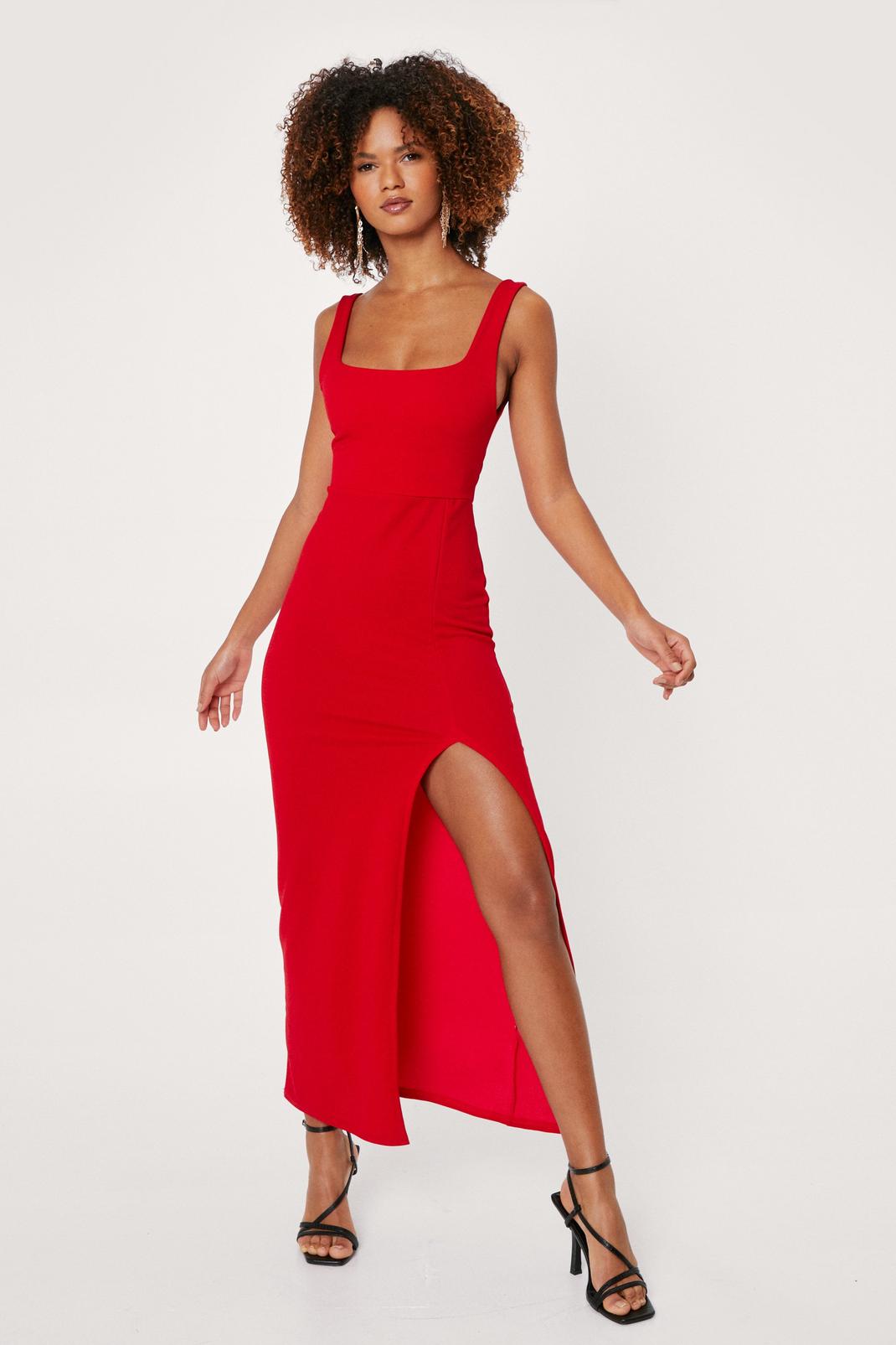 Red Jersey Plunging Sweetheart Neckline Slit Front Midi Dress image number 1