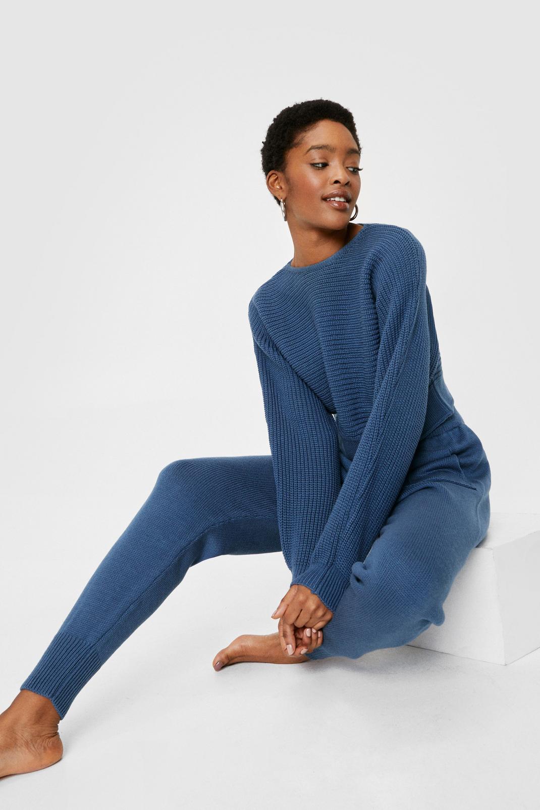 Dusty blue Chunky Knit Crop Sweater and Sweatpants Lounge Set image number 1