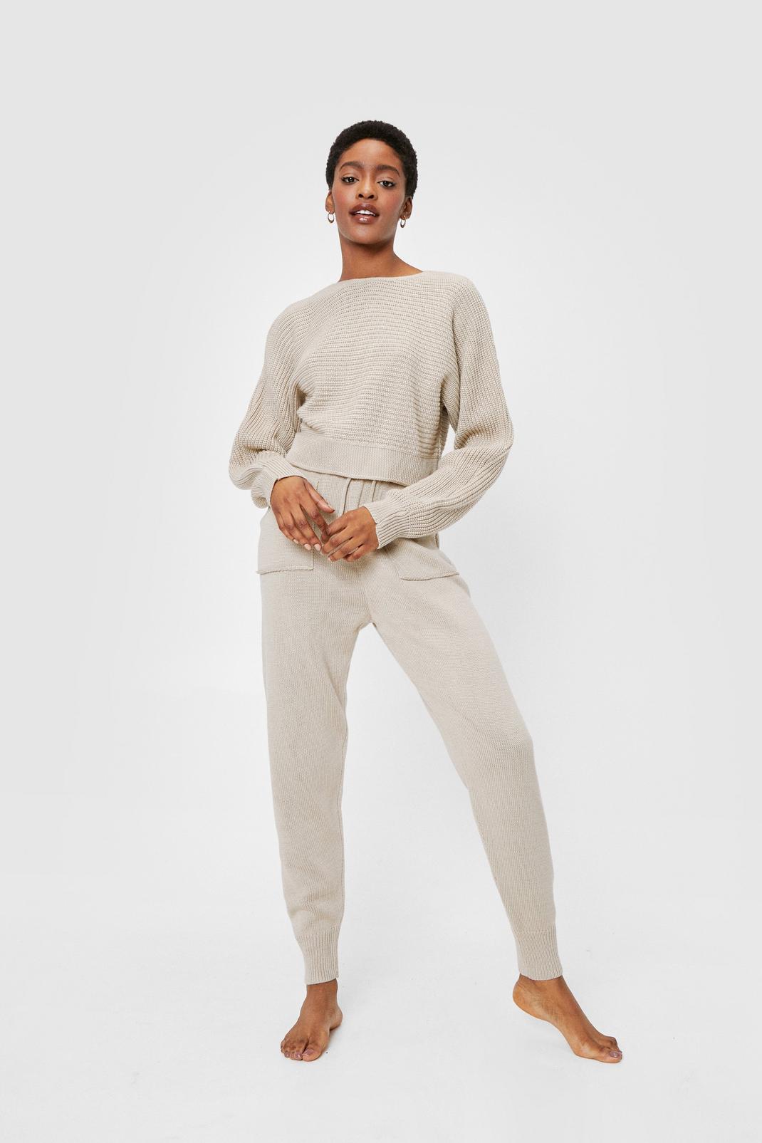 Stone Chunky Knit Cropped Jumper and Jogger Lounge Set image number 1