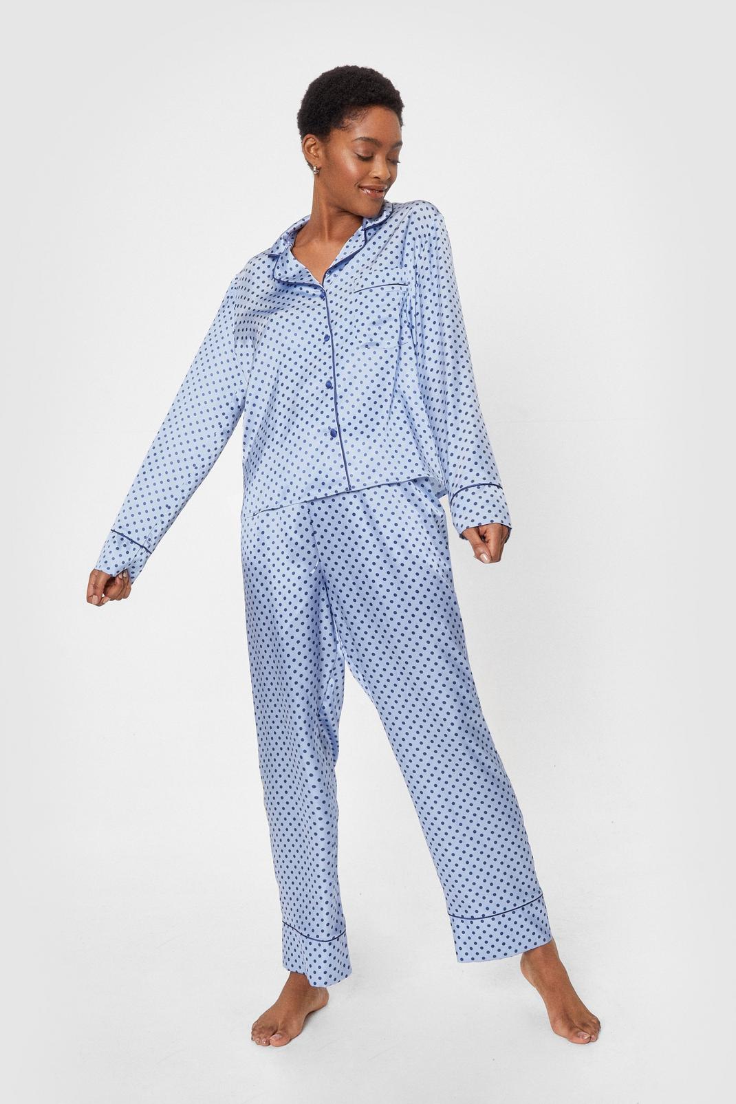 Pyjama satiné avec chemise & pantalon à imprimé pois, Pale blue image number 1