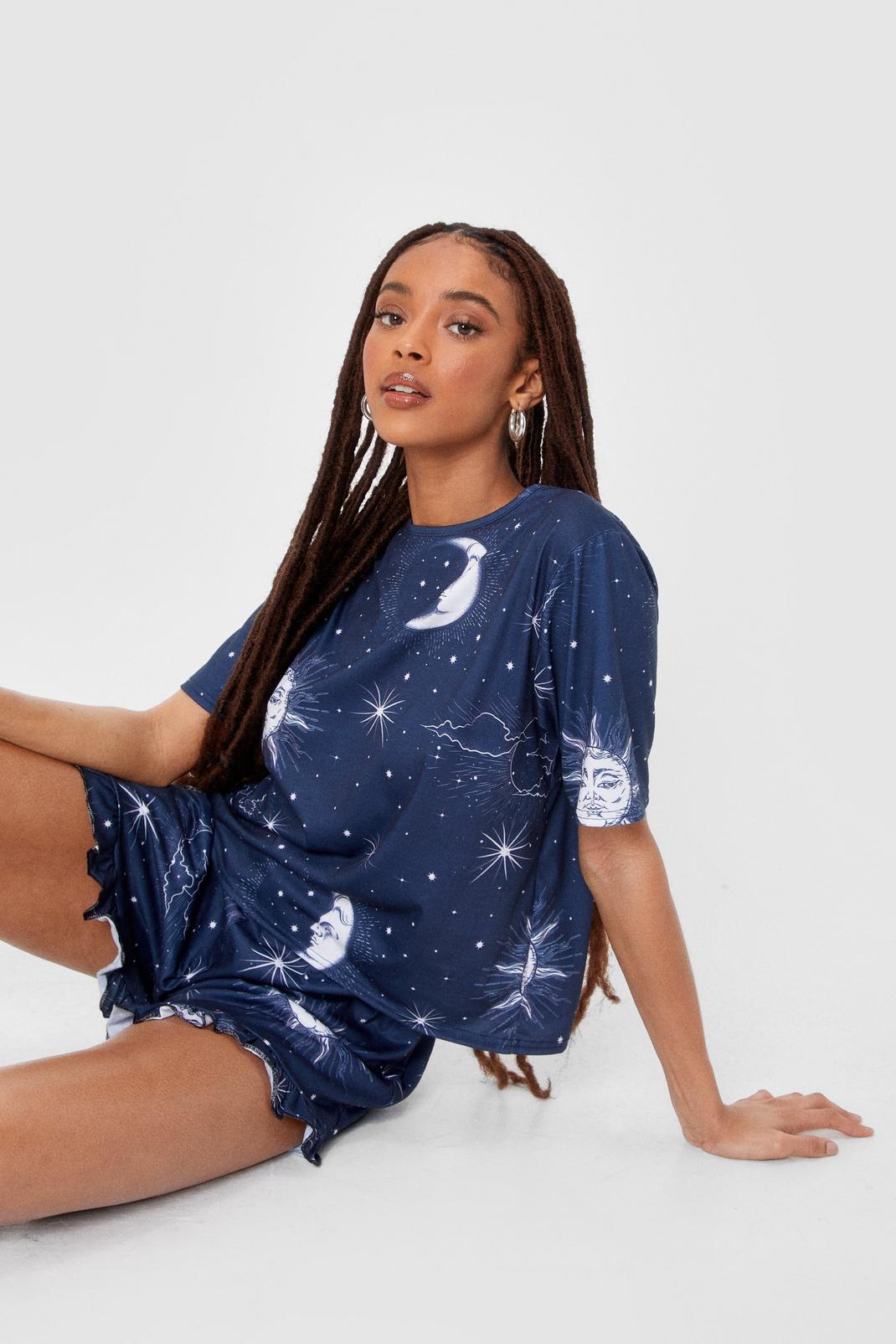 Navy Moon and Stars Ruffle Shorts Pajama Set image number 1