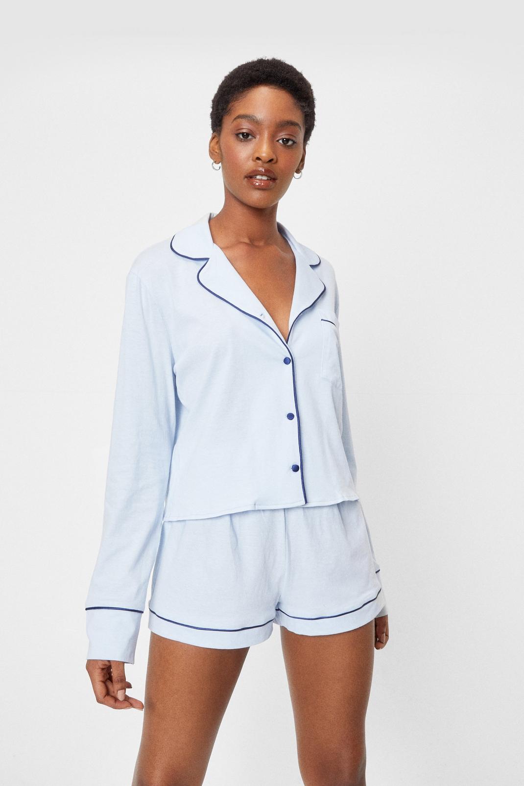 Pyjama en coton chemise & short à liseré contrastant, Pale blue image number 1