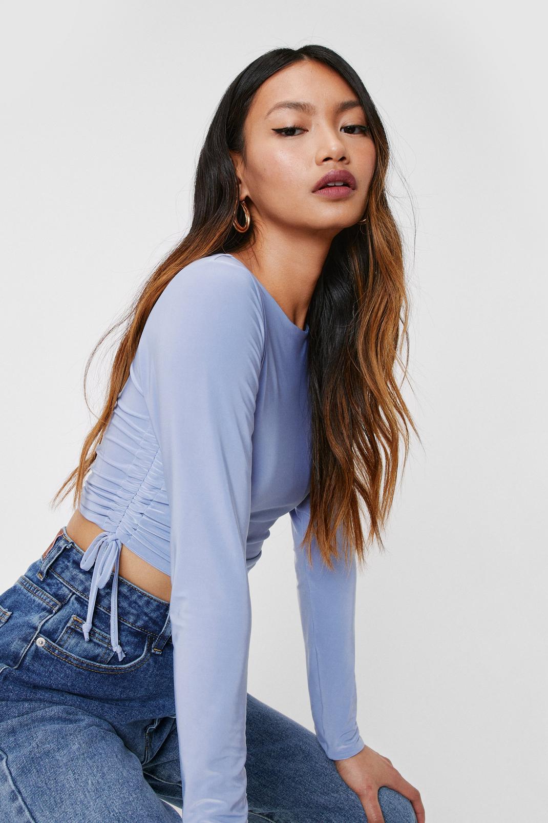 Blue Petite Ruched Side Long Sleeve Crop Top image number 1