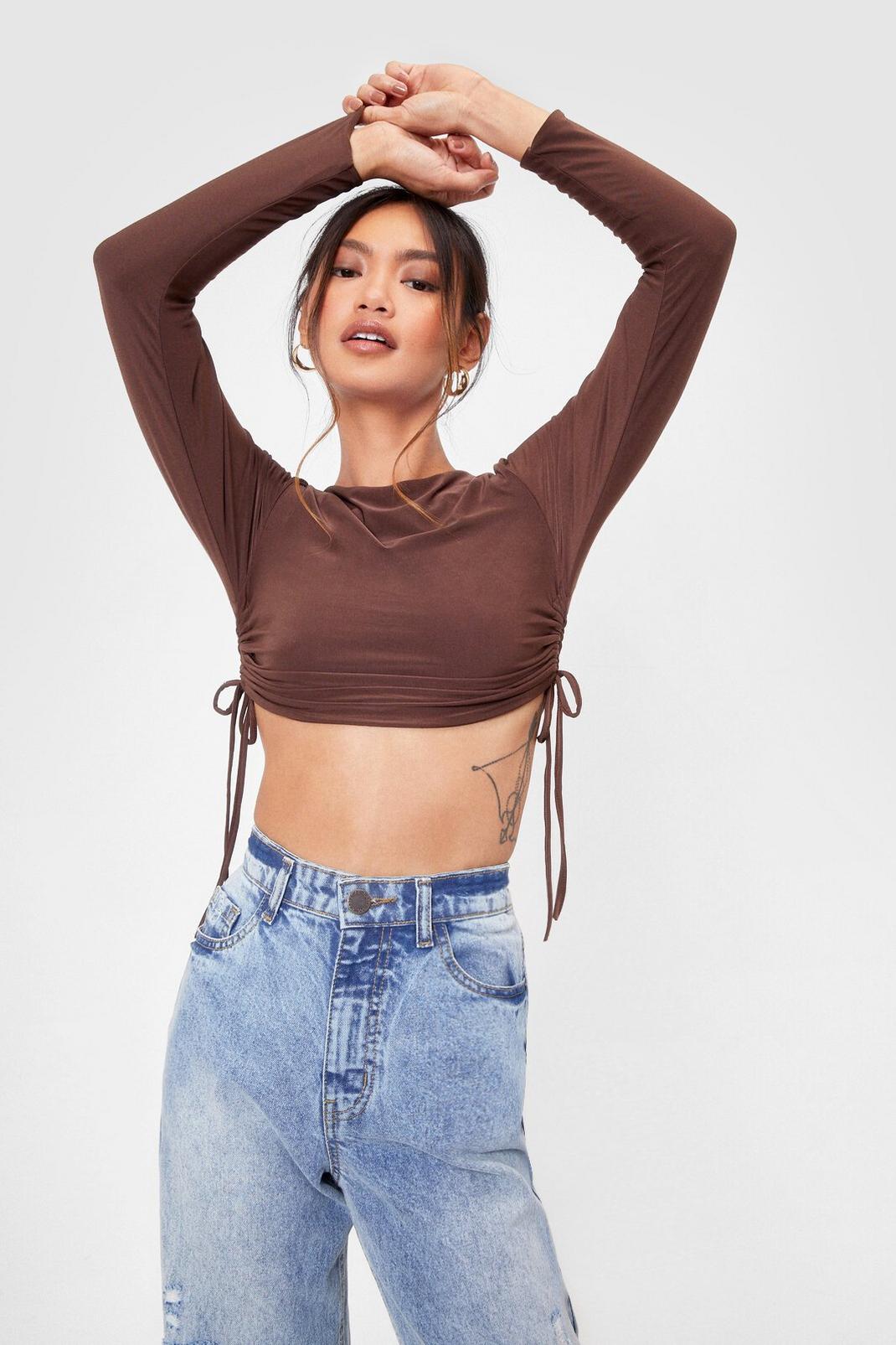 Chocolate Petite Ruched Side Long Sleeve Crop Top image number 1