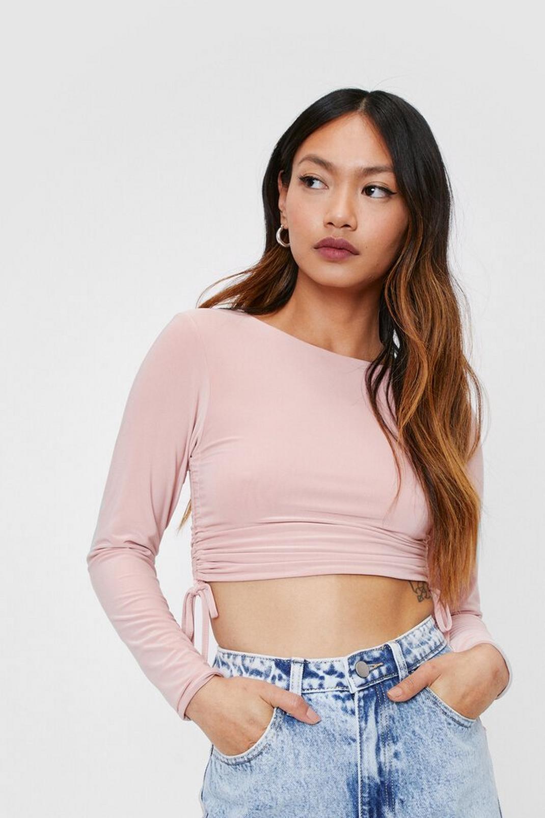 Sand Petite Ruched Side Long Sleeve Crop Top image number 1
