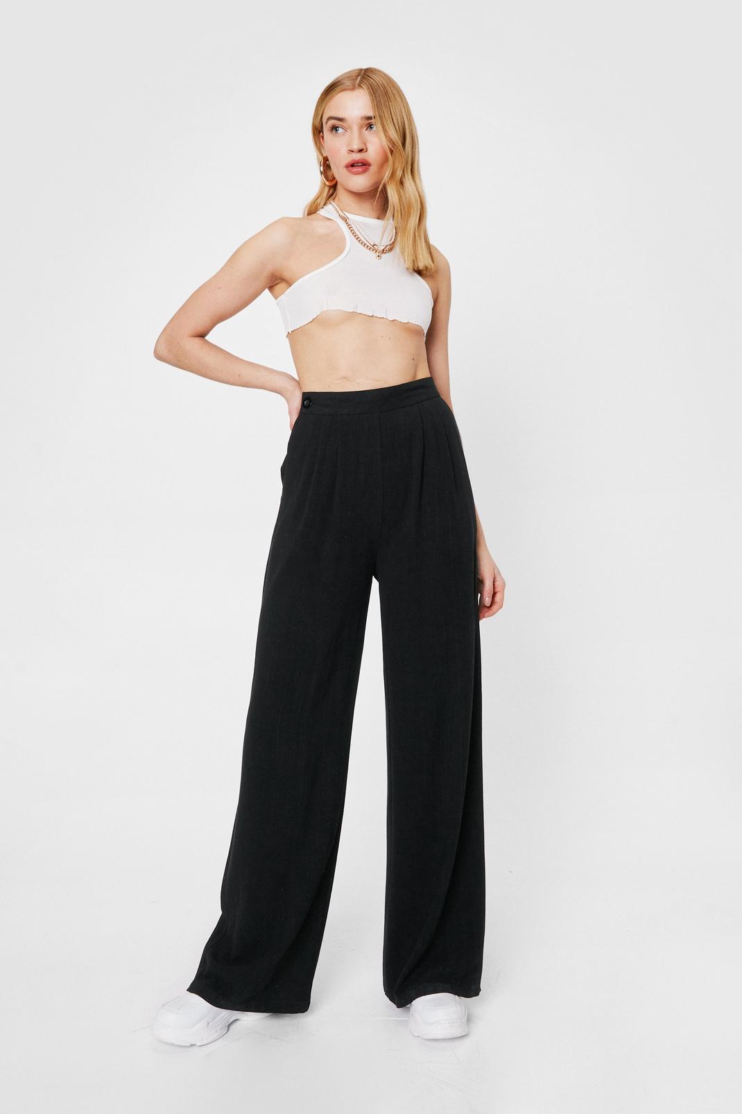 Black High Waisted Pleated Linen Look Straight Leg Pants image number 1
