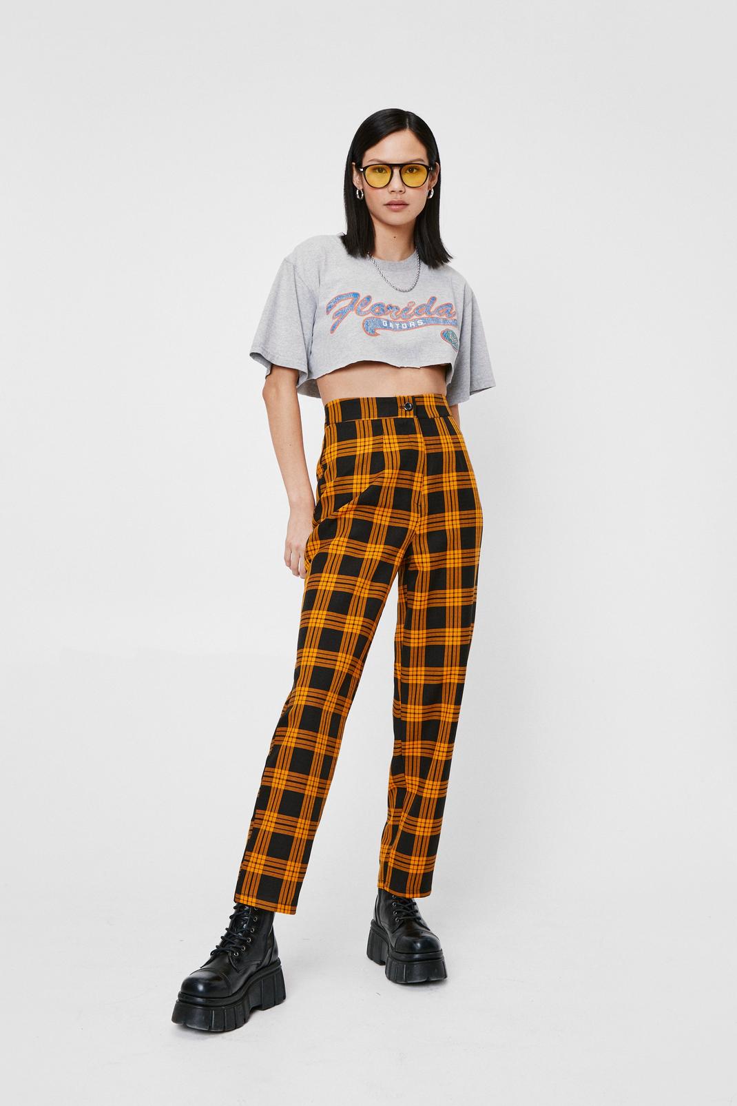 Mustard Plaid High Waisted Button Up Tapered Pants image number 1