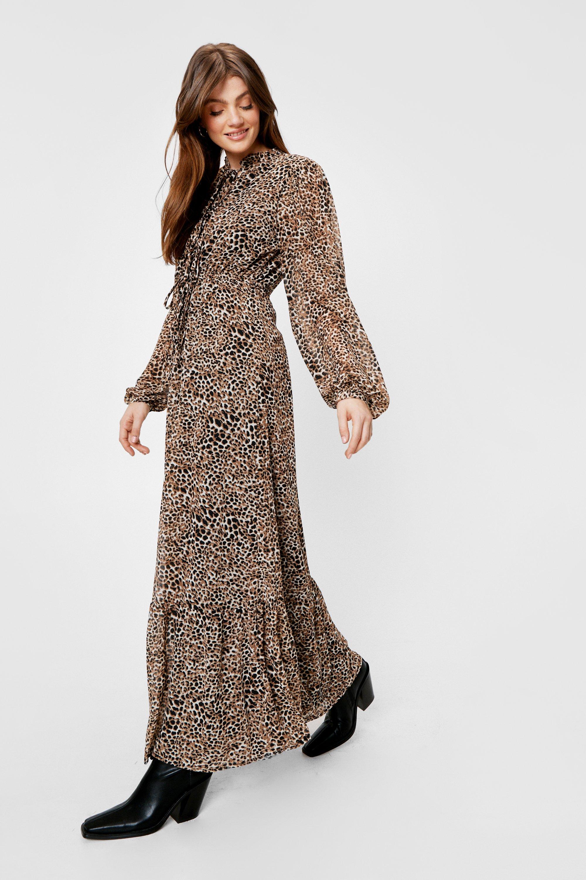 Chiffon Tie Front Leopard Maxi Dress