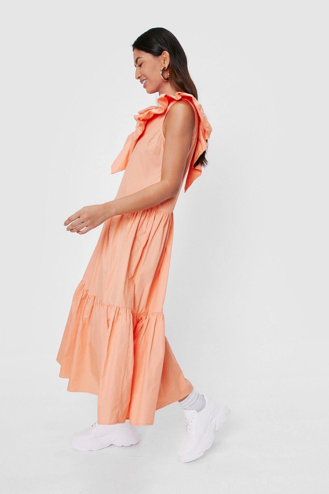 Ruffle Neckline Tiered Midi Dress