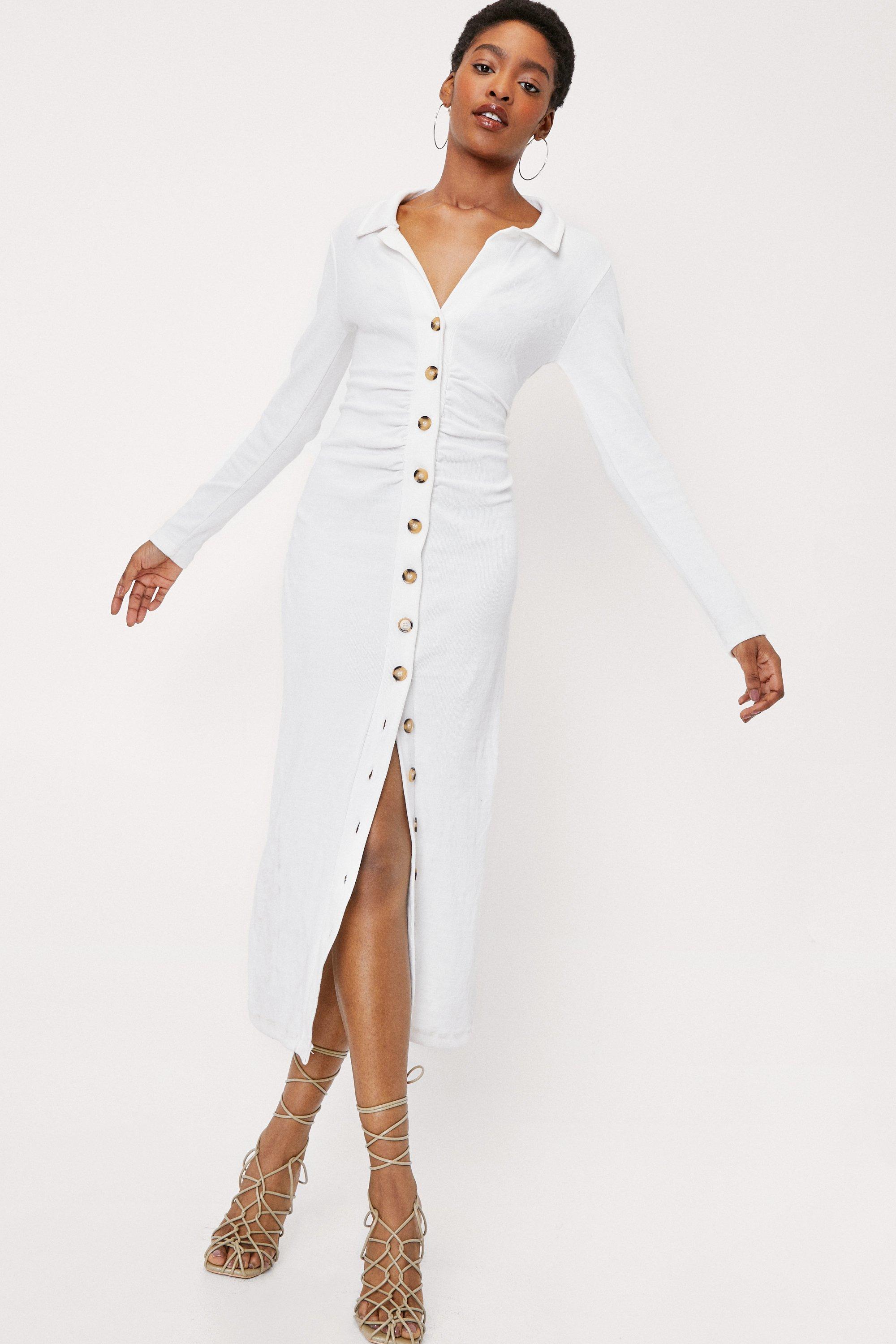 Long sleeve button store down midi dress