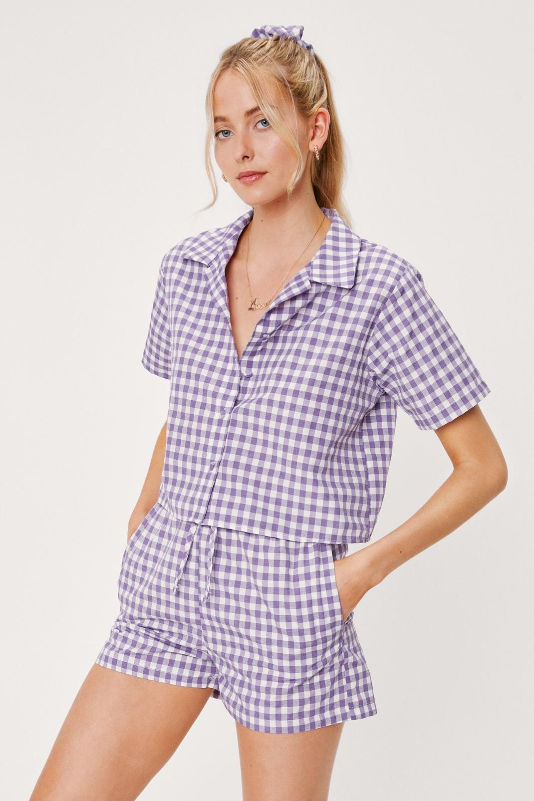 Pyjashort 3 pièces chemise + short + chouchou à carreaux vichy, Lilac image number 1