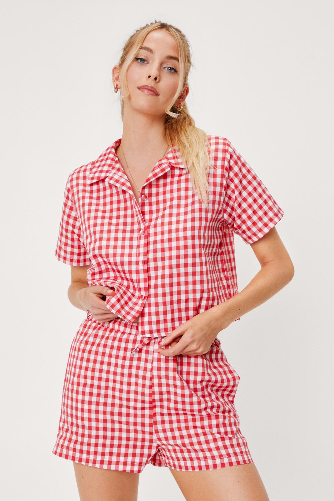 Pyjashort 3 pièces chemise + short + chouchou à carreaux vichy, Red image number 1