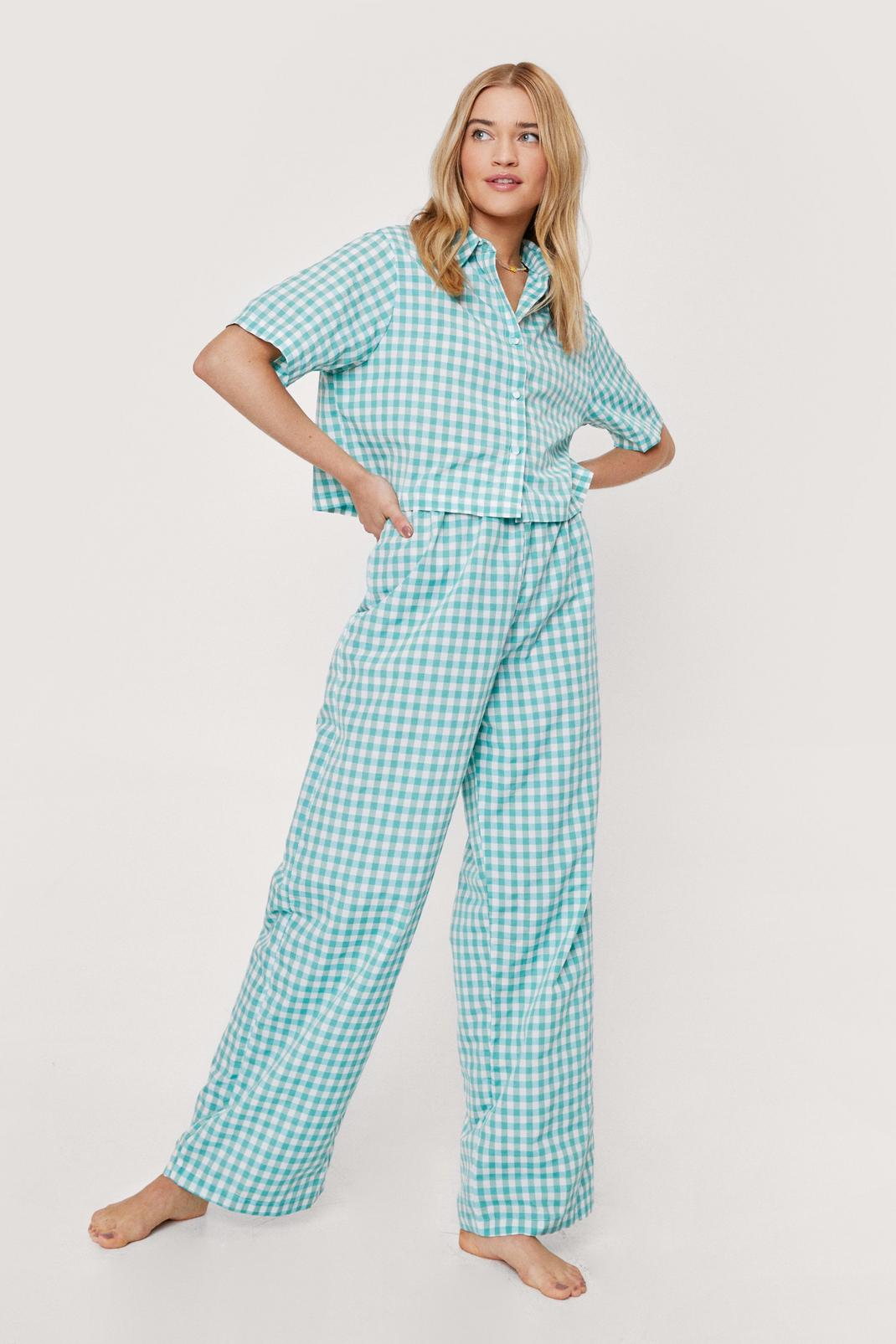 Green Gingham Print Cropped Pyjama Shirt and Trousers Set image number 1