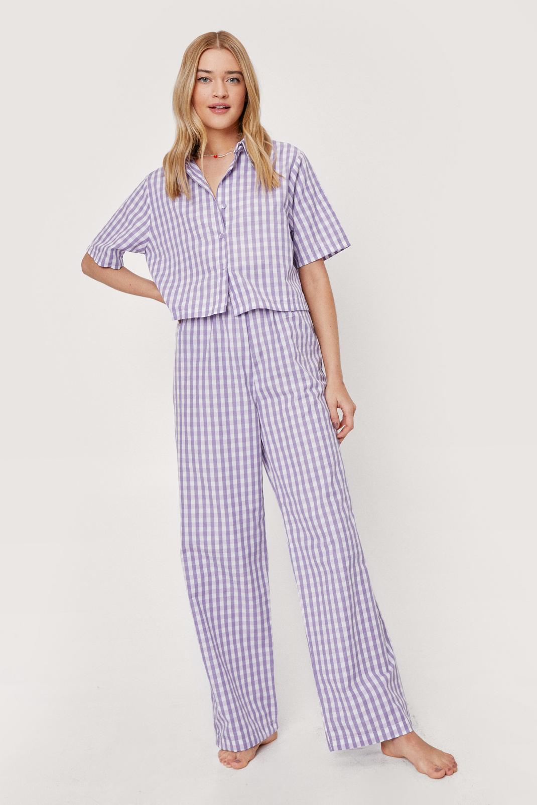 Lilac Gingham Print Cropped Pyjama Shirt and Trousers Set image number 1