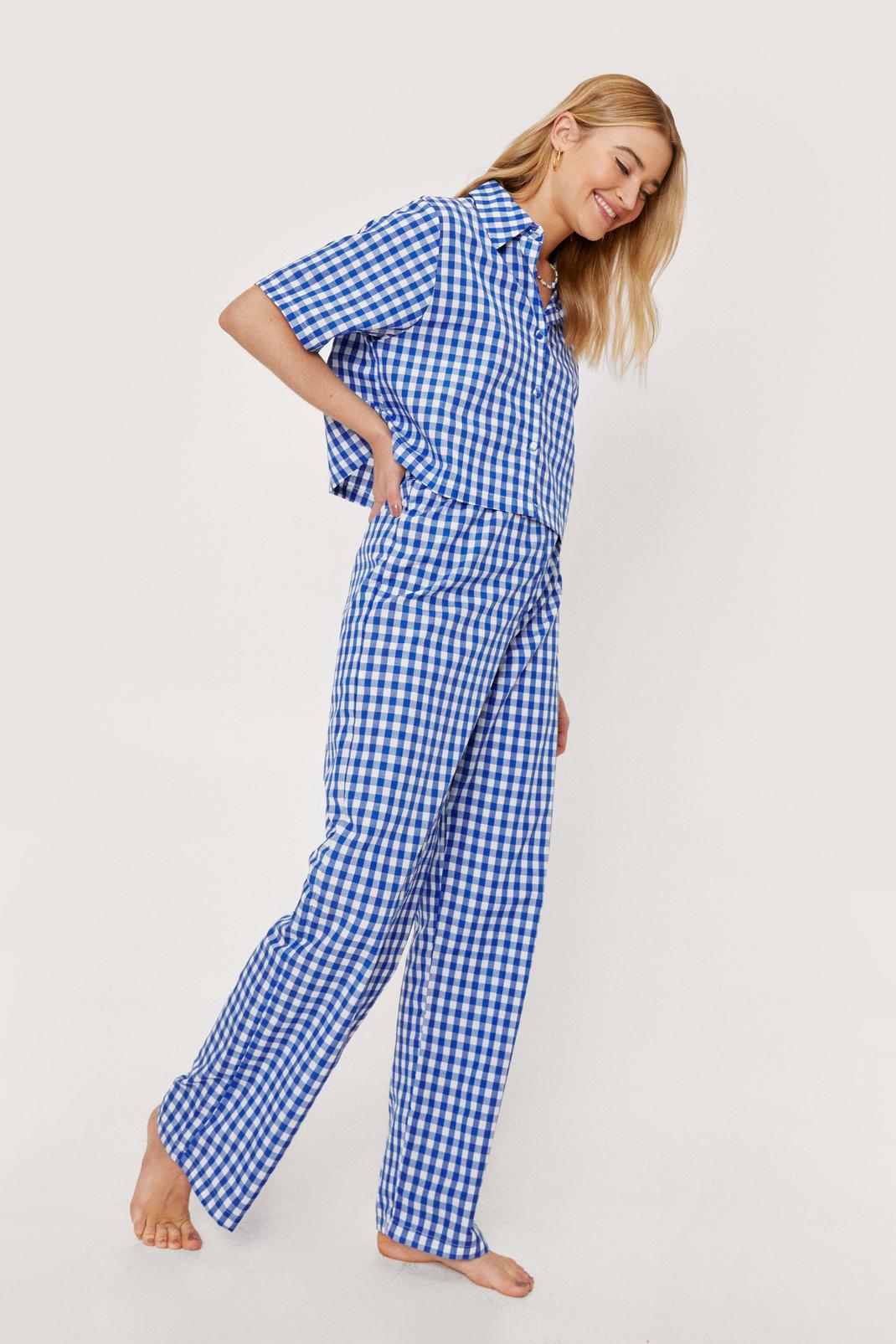 Navy Gingham Print Cropped Pyjama Shirt and Trousers Set image number 1