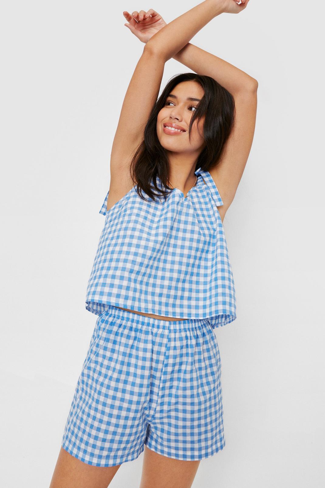 Pale blue Gingham Print Tie Pajama Top and Shorts Set image number 1