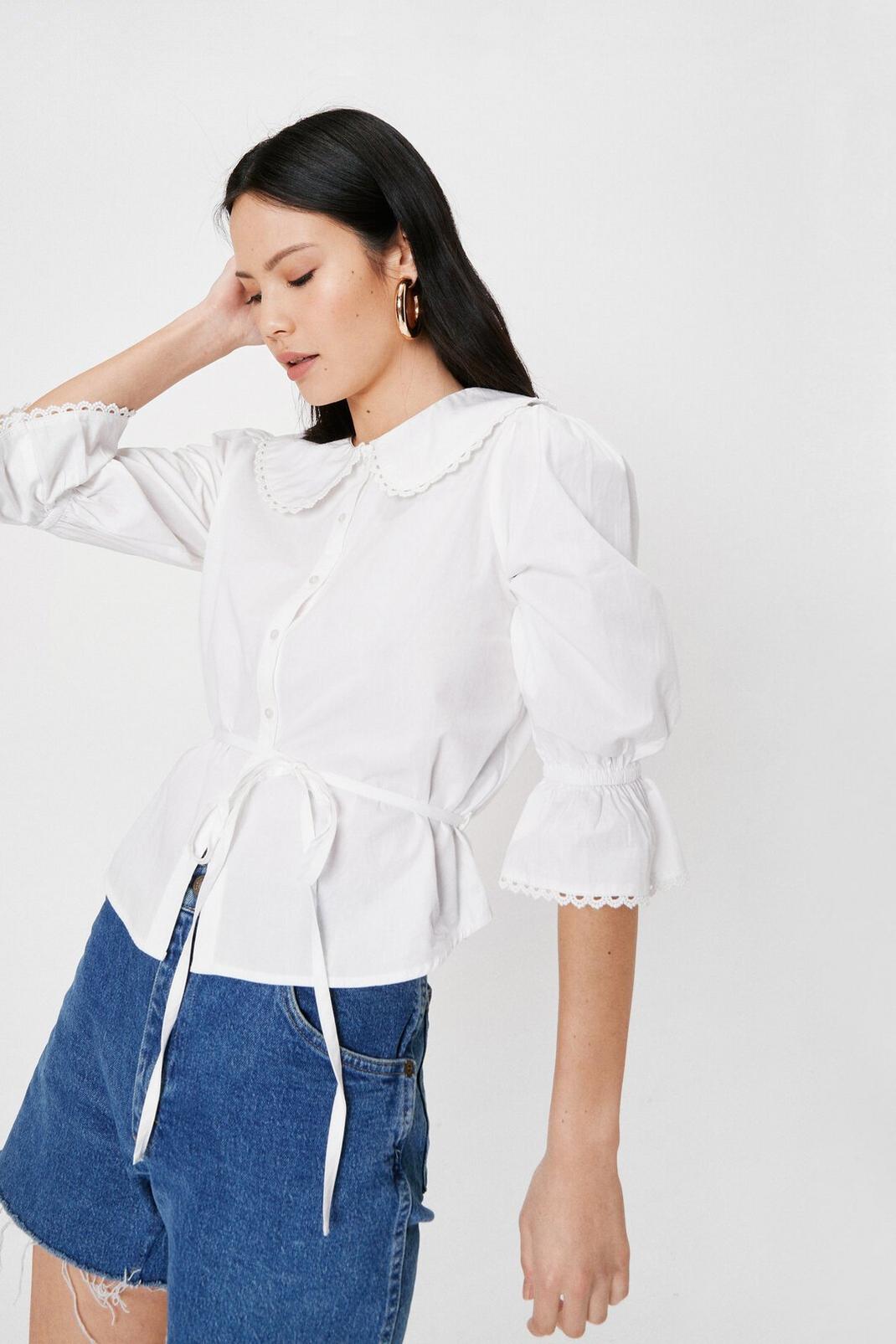 White Puff Sleeve Belted Collar Blouse image number 1