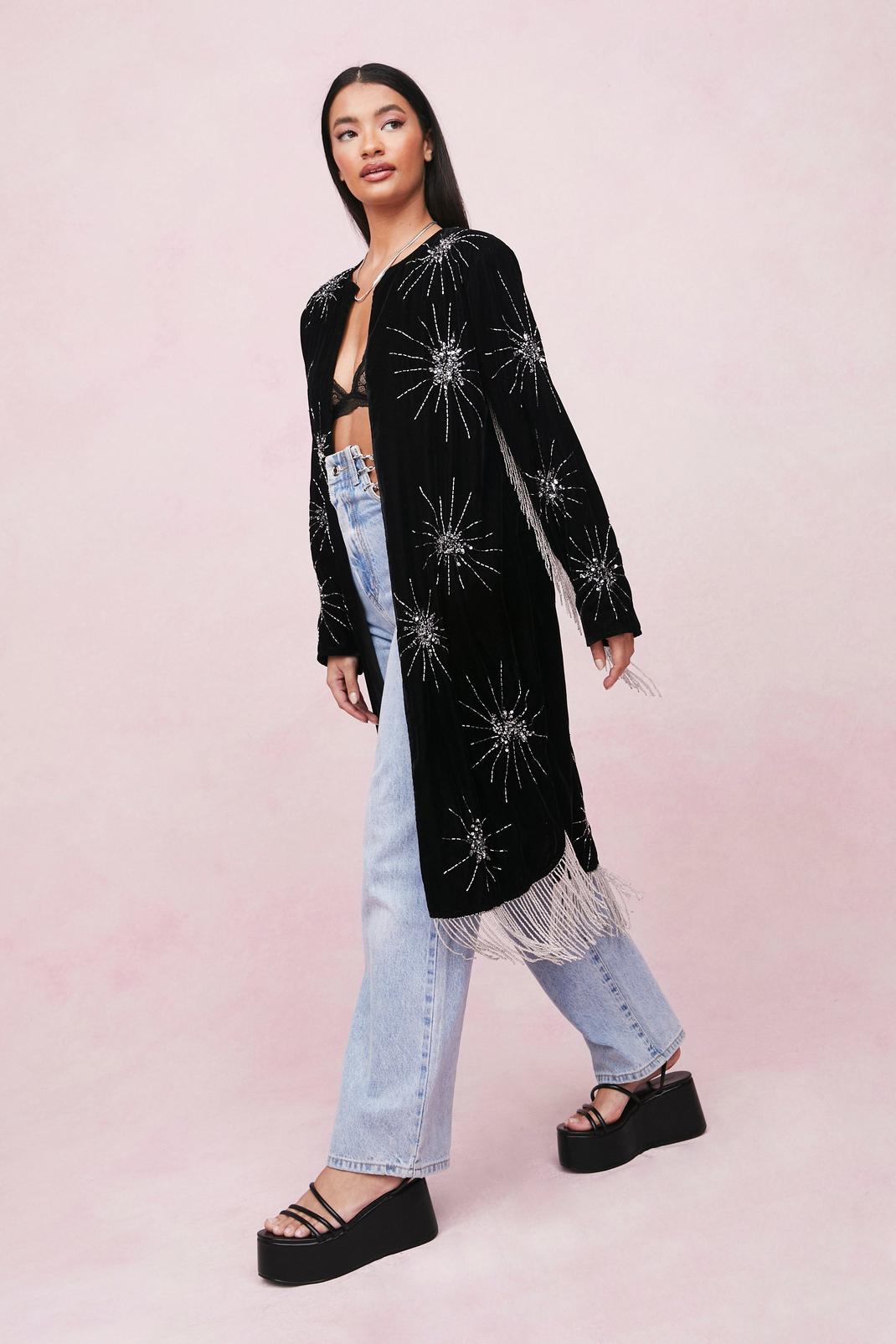 Black Star Embellished Velvet Kimono Jacket image number 1